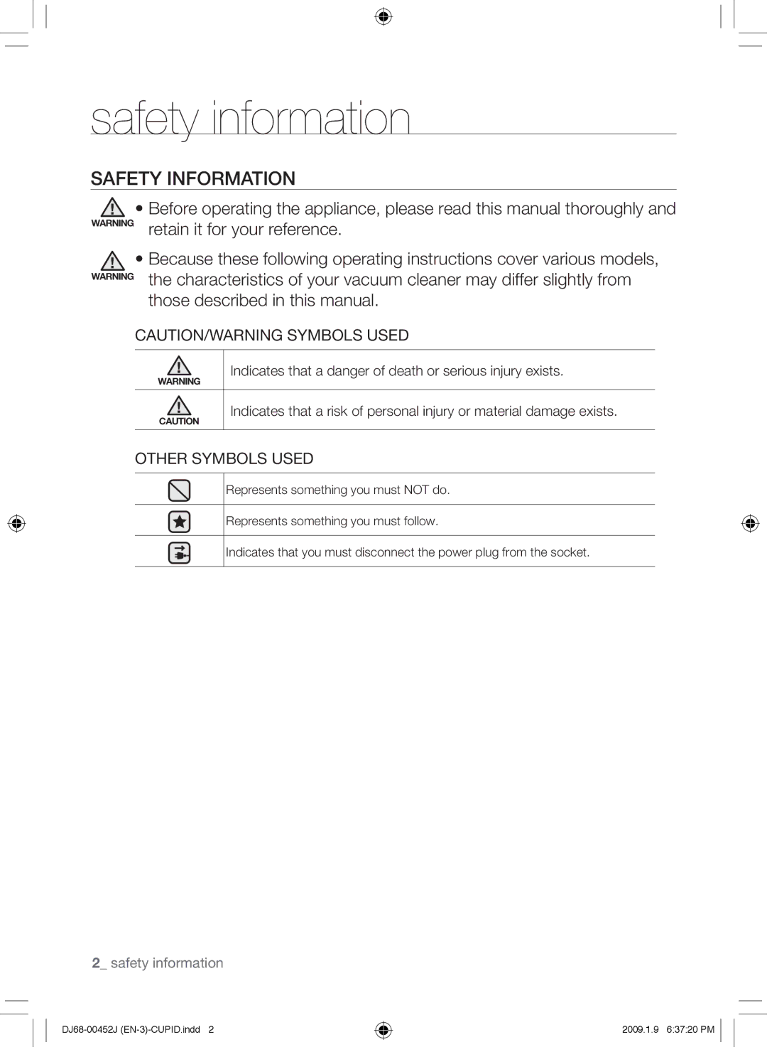 Samsung VCC61E0V3G/XEH, VCC61E0V3B/XEF, VCC61E0V3G/XET, VCC61E0V33/XEC, VCC61E0V3G/BOL Safety information, Safety Information 