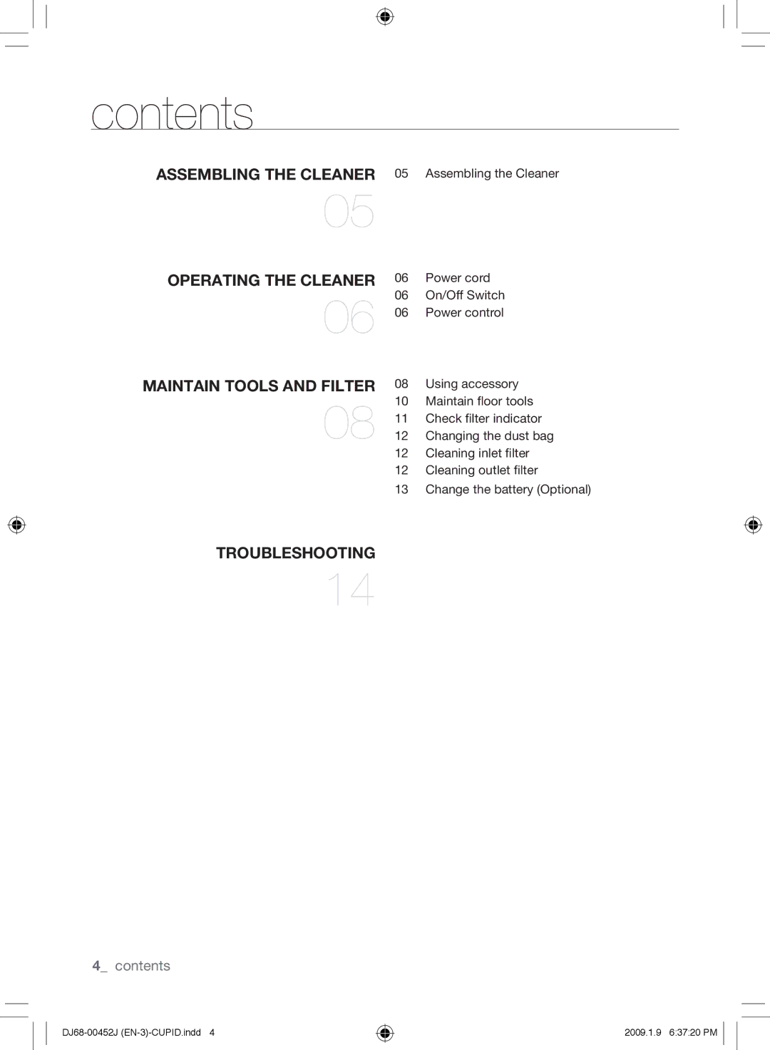 Samsung VCC61E0V3G/XET, VCC61E0V3B/XEF, VCC61E0V33/XEC, VCC61E0V3G/BOL, VCC61E0V3G/XEH manual Contents 