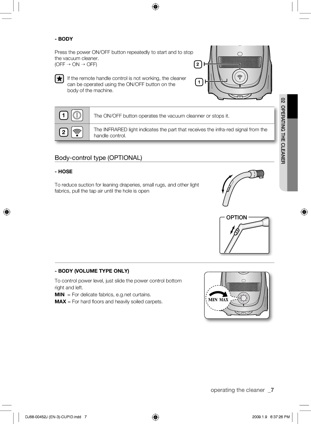 Samsung VCC61E0V3G/XEH, VCC61E0V3B/XEF, VCC61E0V3G/XET, VCC61E0V33/XEC, VCC61E0V3G/BOL manual Body-control type Optional 