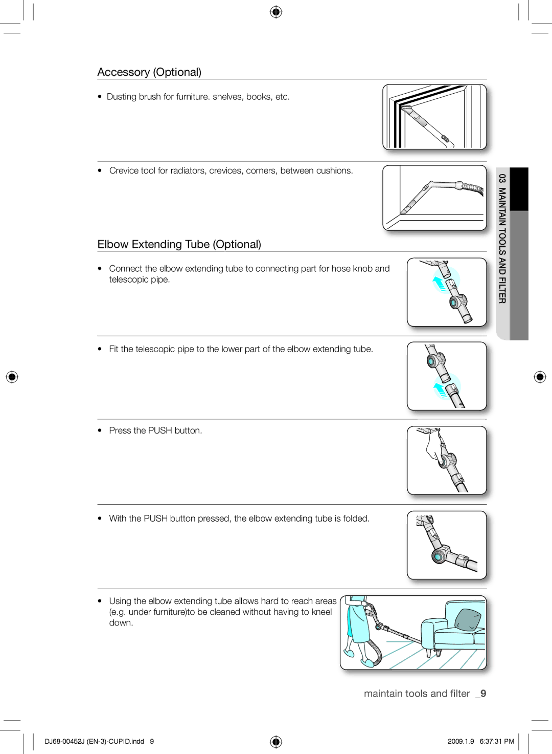 Samsung VCC61E0V3G/XET, VCC61E0V3B/XEF, VCC61E0V33/XEC, VCC61E0V3G/BOL, VCC61E0V3G/XEH manual Elbow Extending Tube Optional 