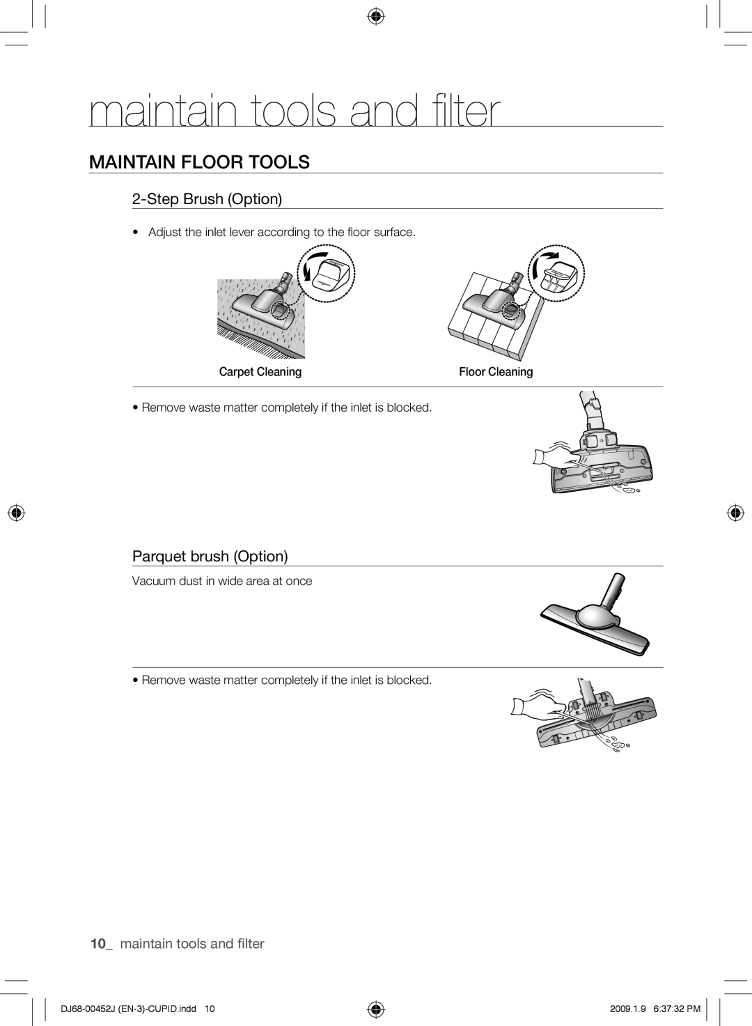 Samsung VCC61E0V33/XEC, VCC61E0V3B/XEF, VCC61E0V3G/XET manual Maintain floor tools, Step Brush Option, Parquet brush Option 