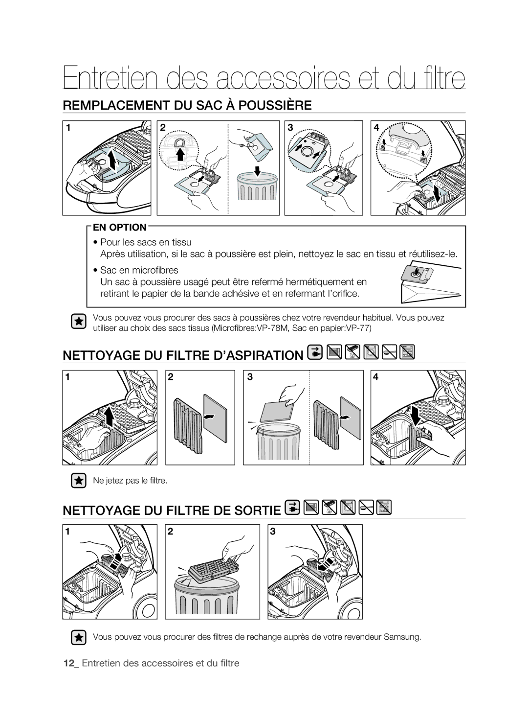 Samsung VCC61E0V3B/XEF REMPlACEMENT DU SAC à poussière, NETToyAgE DU FIlTRE D’ASPIRATIoN, NETToyAgE DU FIlTRE DE SoRTIE 