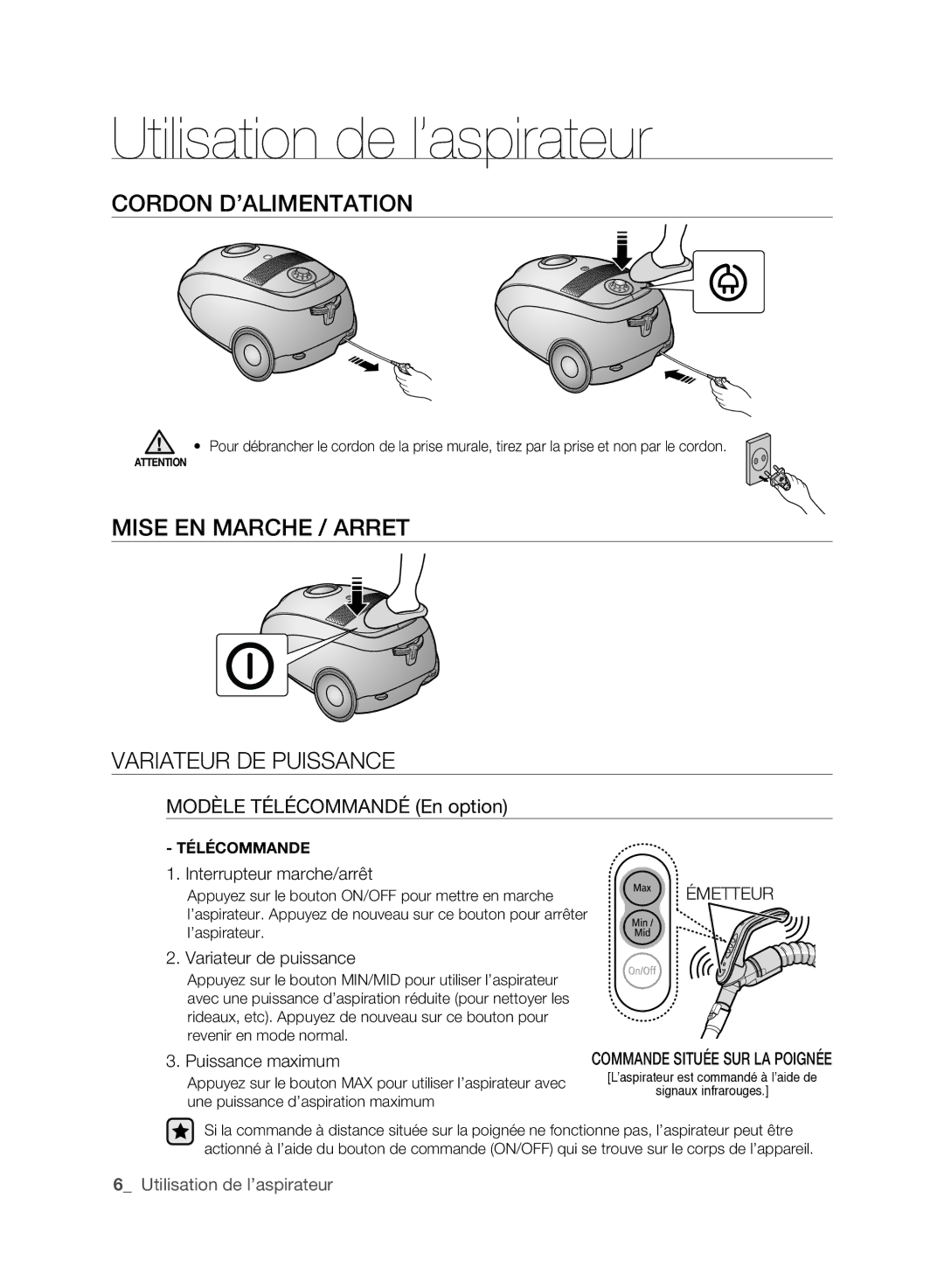 Samsung VCC61E0V3B/XEF manual Utilisation de l’aspirateur, CoRDoN D’AlIMENTATIoN, Modèle Télécommandé En option 