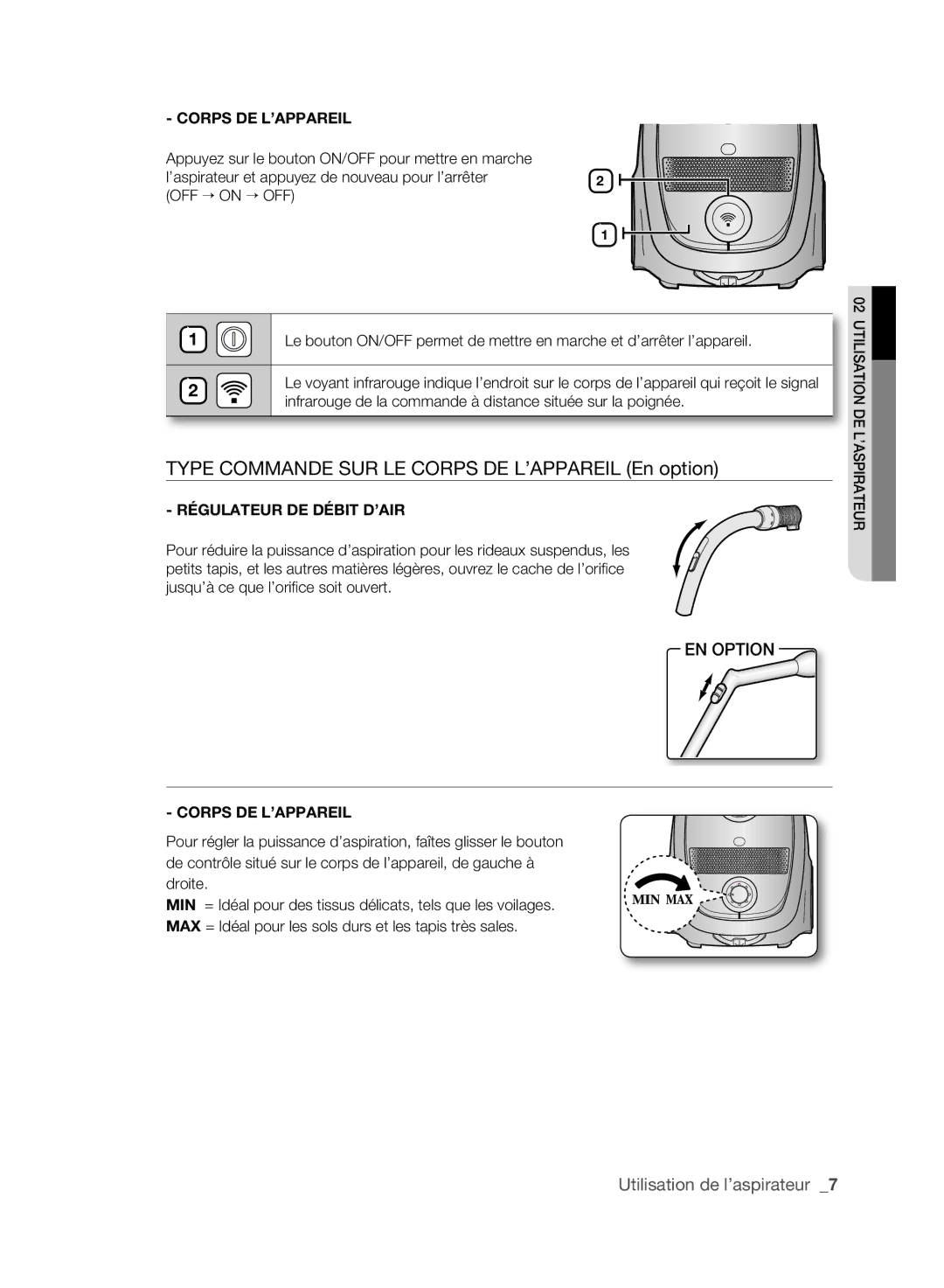 Samsung VCC61E0V3B/XEF manual Type Commande SUR LE Corps DE L’APPAREIL En option 