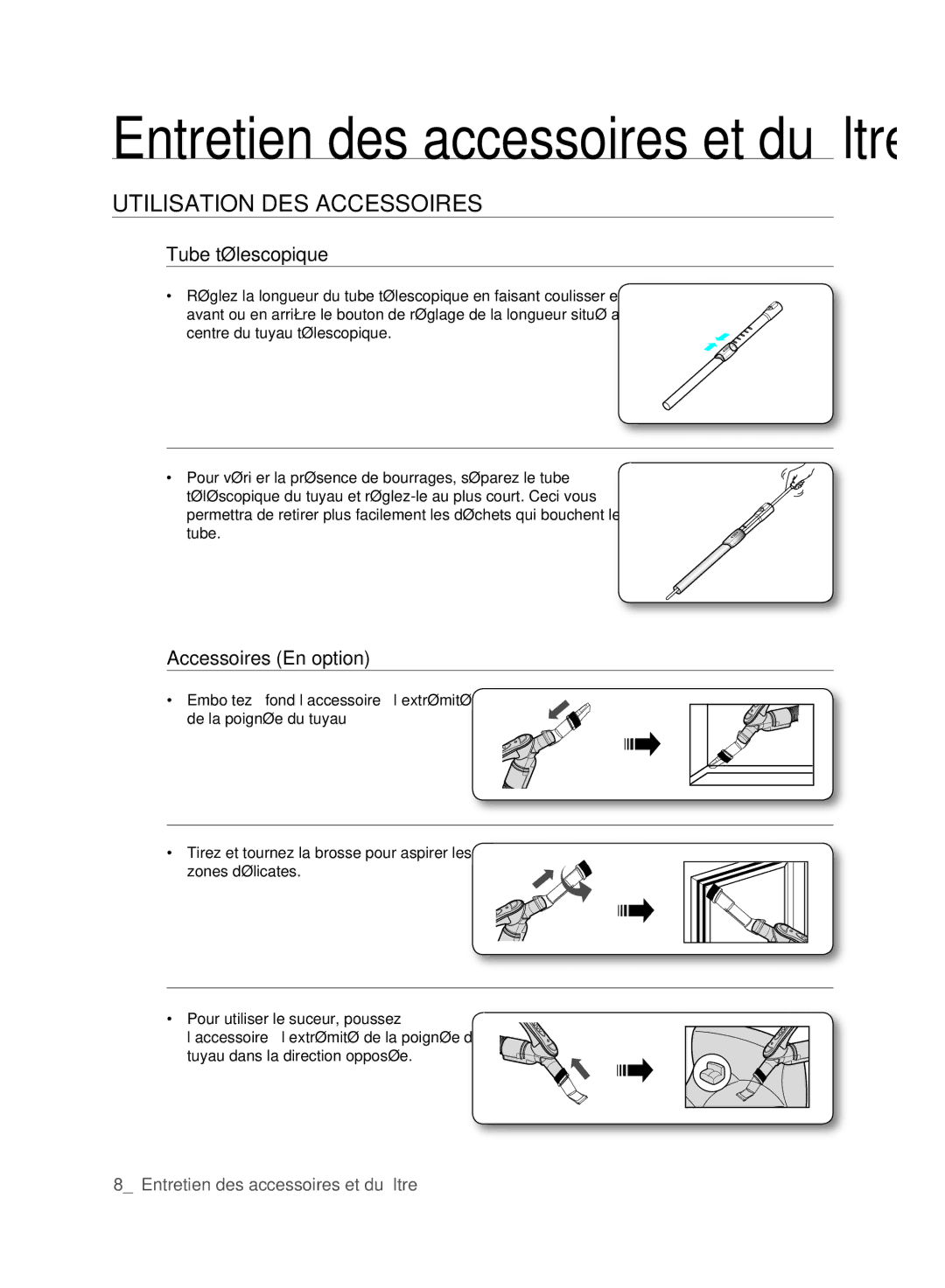 Samsung VCC61E0V3B/XEF manual UTIlISATIoN DES ACCESSoIRES, Tube télescopique, Accessoires En option 