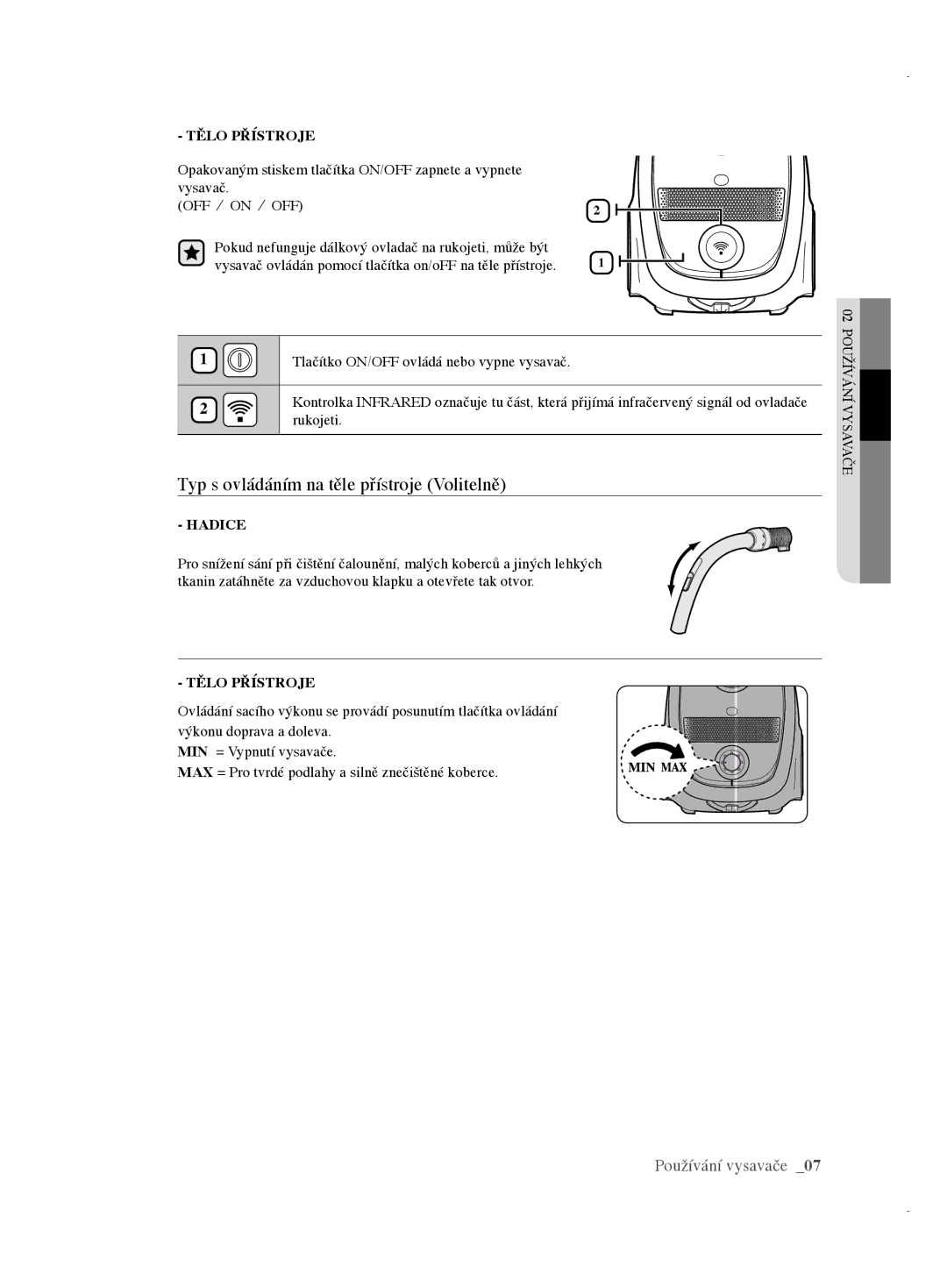 Samsung VCC6175V3R/XEH, VCC61E3V3K/XEH, VCC61E1V31/BOL manual Typ s ovládáním na těle přístroje Volitelně, Tělo Přístroje 