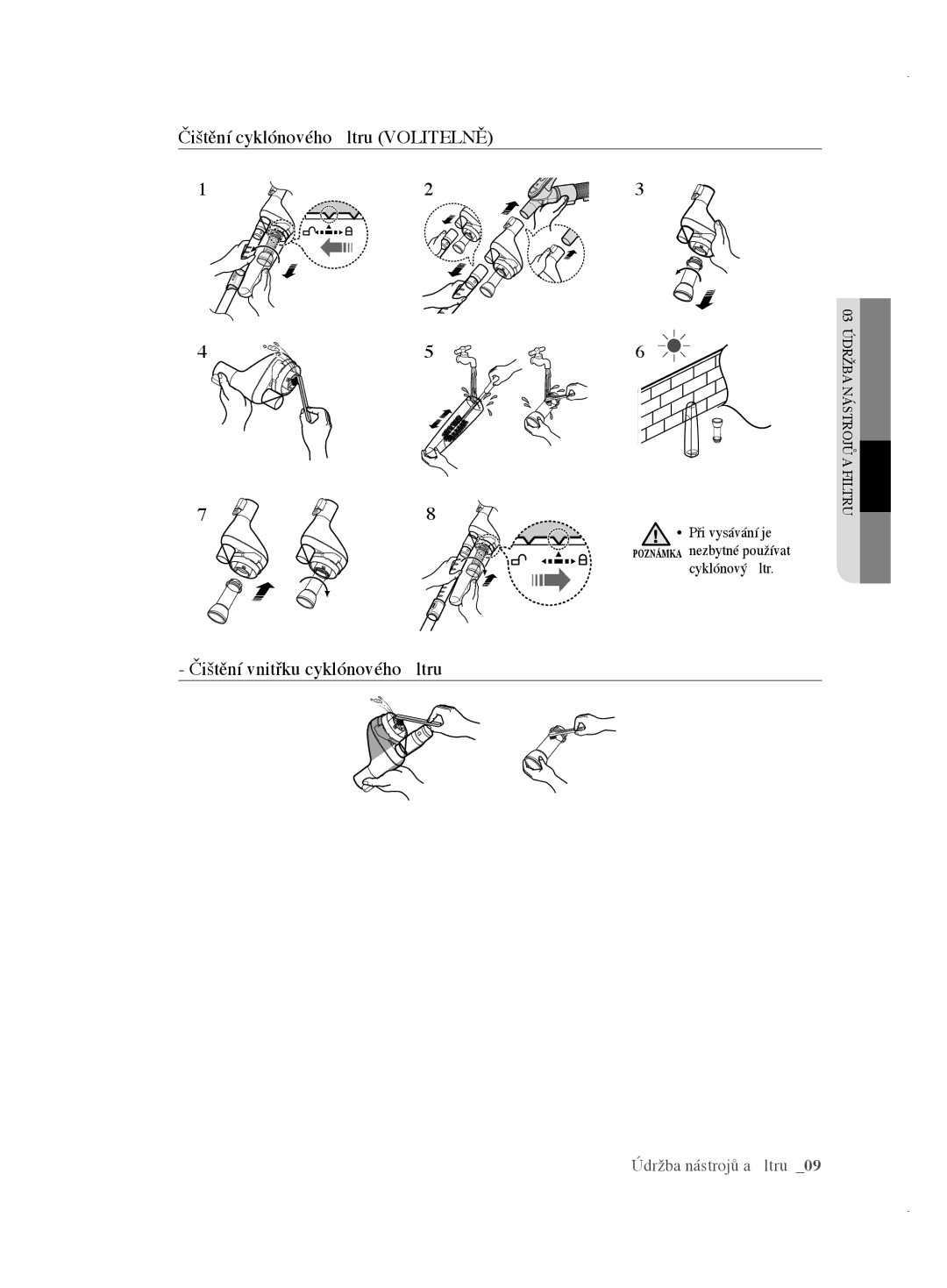 Samsung VCC61J0V33/XEH, VCC61E3V3K/XEH manual Čištění cyklónového ﬁltru Volitelně, Čištění vnitřku cyklónového ﬁltru 