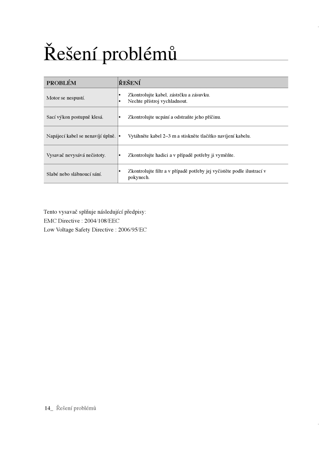 Samsung VCC61E2V3R/BOL, VCC61E3V3K/XEH, VCC61E1V31/BOL, VCC61E2V3R/XEH, VCC61E1V3R/XEH manual Řešení problémů, Problém Řešení 