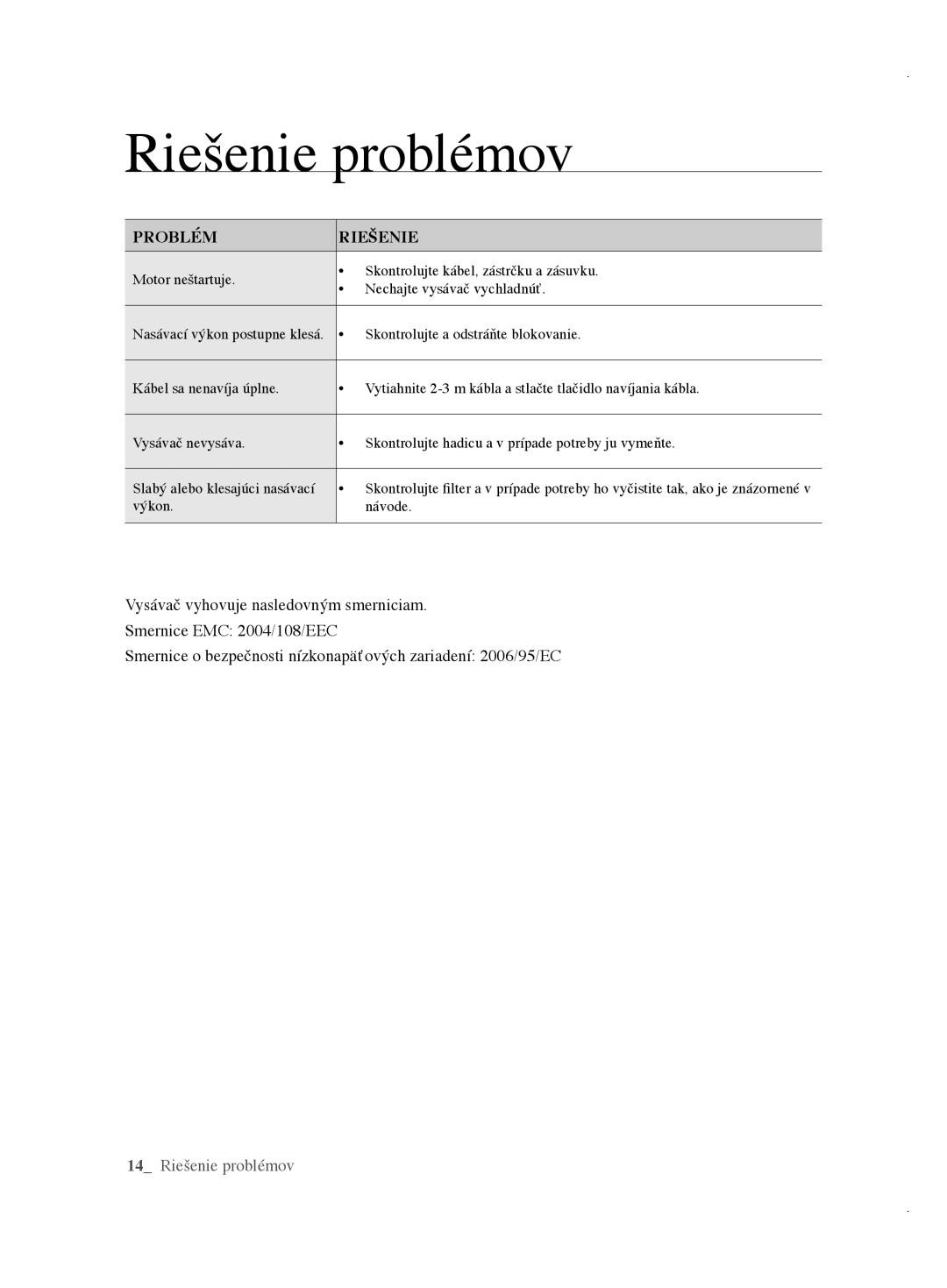 Samsung VCC61A0V3A/XEH, VCC61E3V3K/XEH, VCC61E1V31/BOL, VCC61E2V3R/BOL, VCC61E2V3R/XEH Riešenie problémov, Problém Riešenie 