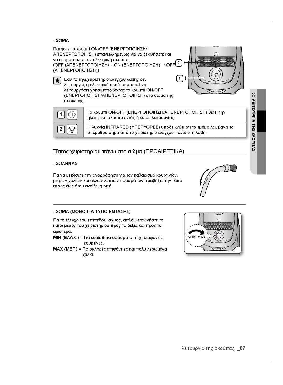 Samsung VCC61J0V33/XEH, VCC61E3V3K/XEH, VCC61E1V31/BOL, VCC61E2V3R/BOL manual Τύπος χειριστηρίου πάνω στο σώμα Προαιρετικα 