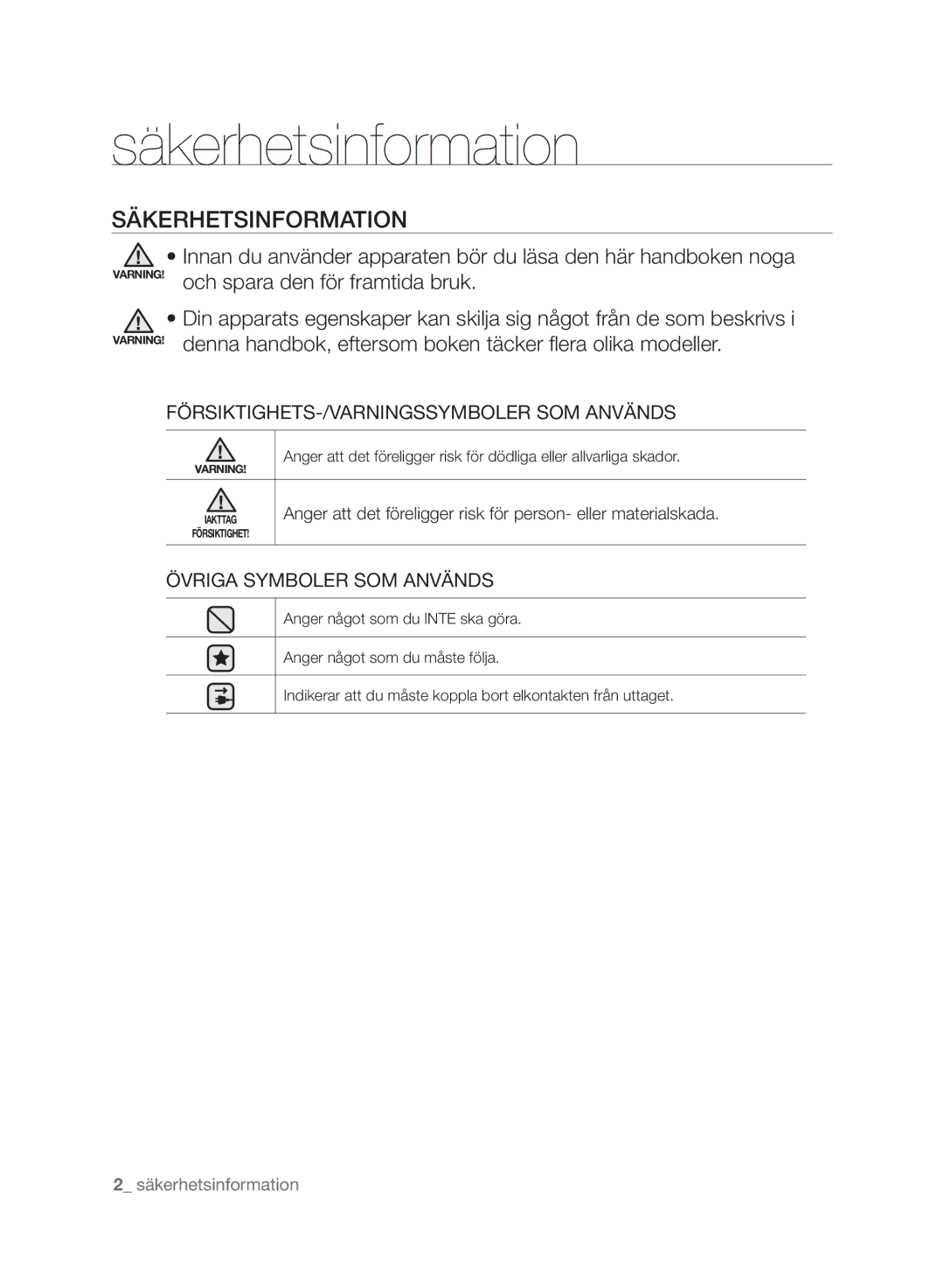 Samsung VCC6140V4B/XME manual Säkerhetsinformation, SäkERhETSINFORMATION, FÖRSIKTIGHETS-/VARNINGSSYMBOLER SOM Används 