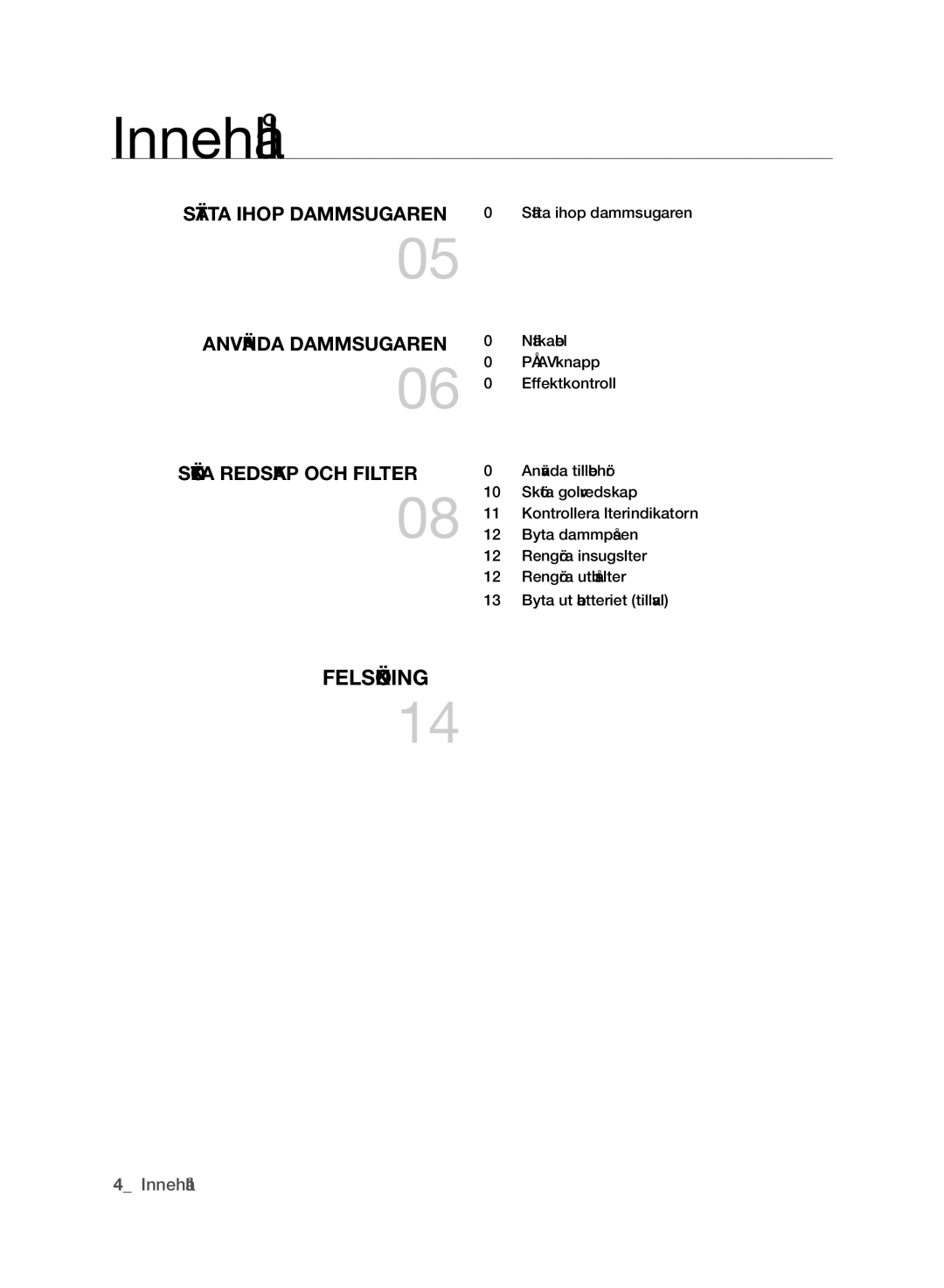 Samsung VCC6140V3A/XEE, VCC61G0V3G/XEE, VCC6140V4B/XME, VCC6160H3R/XEE, VCC6140V31/XEE Innehåll, SKÖTA RedsKAp OCh fIlTeR 