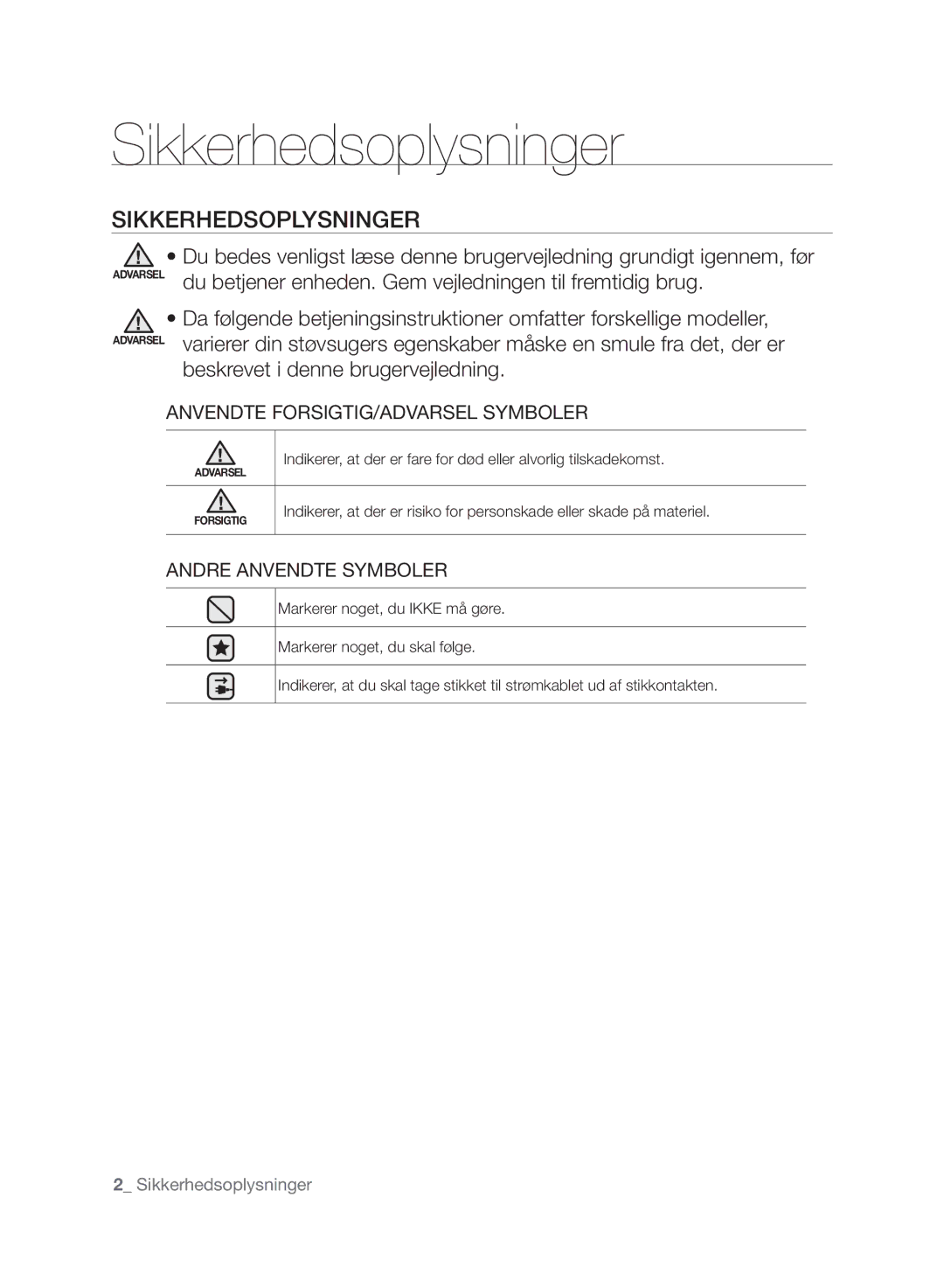 Samsung VCC61G0V3G/XEE, VCC6140V4B/XME Sikkerhedsoplysninger, SIkkERhEDSOPlYSNINGER, Anvendte FORSIGTIG/ADVARSEL Symboler 