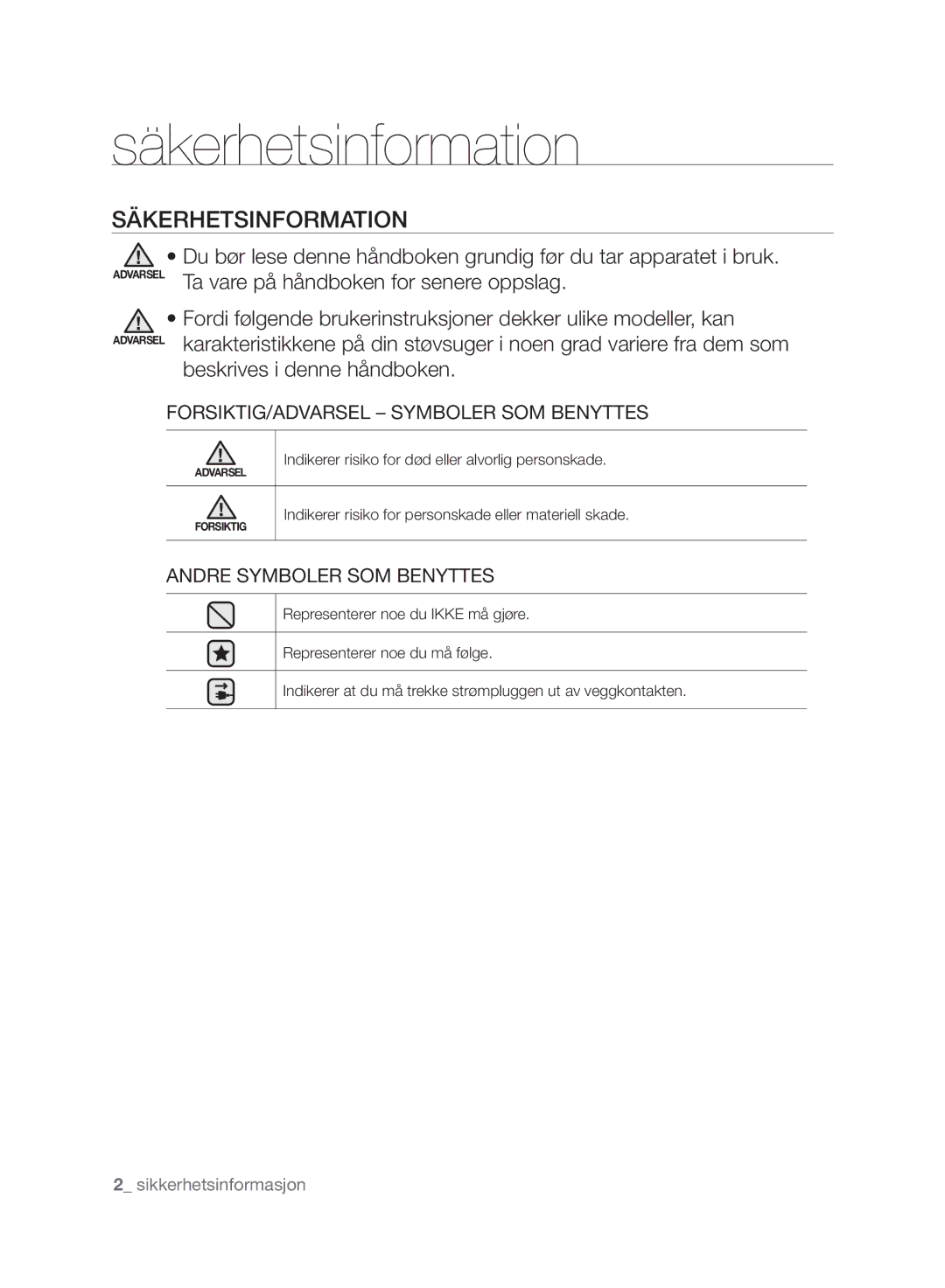 Samsung VCC6140V31/XEE, VCC61G0V3G/XEE manual FORSIKTIG/ADVARSEL Symboler SOM Benyttes, Andre Symboler SOM Benyttes 