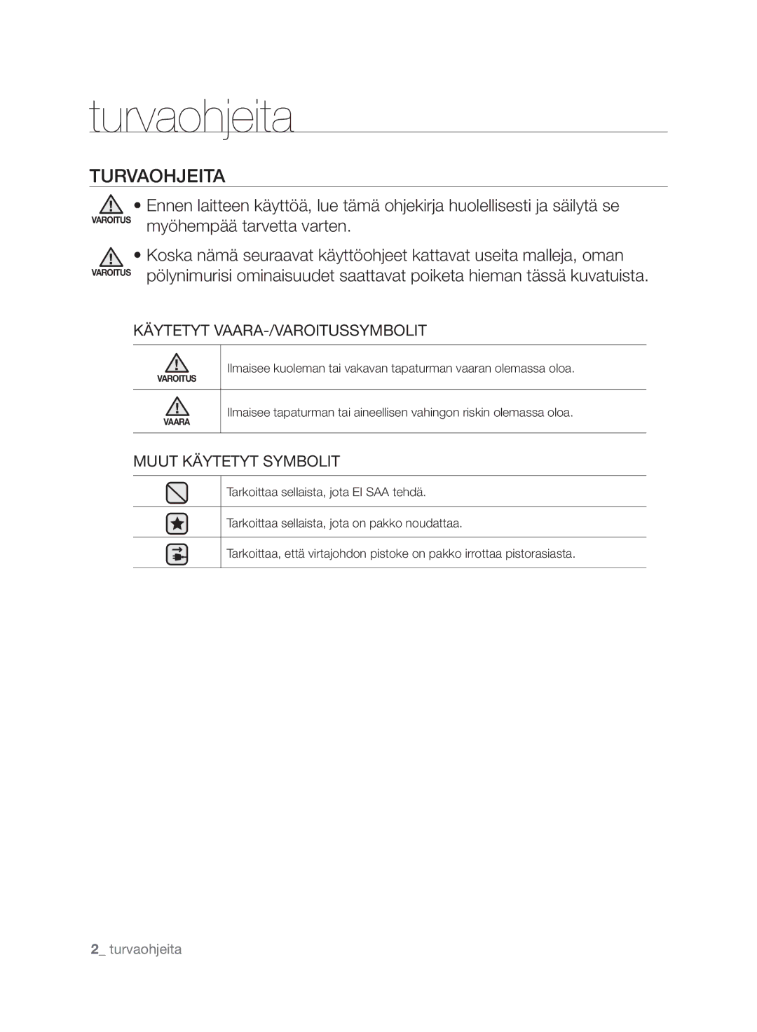 Samsung VCC6140V3A/XEE manual Turvaohjeita, TURVAOhjEITA, Käytetyt VAARA-/VAROITUSSYMBOLIT, Muut Käytetyt Symbolit 