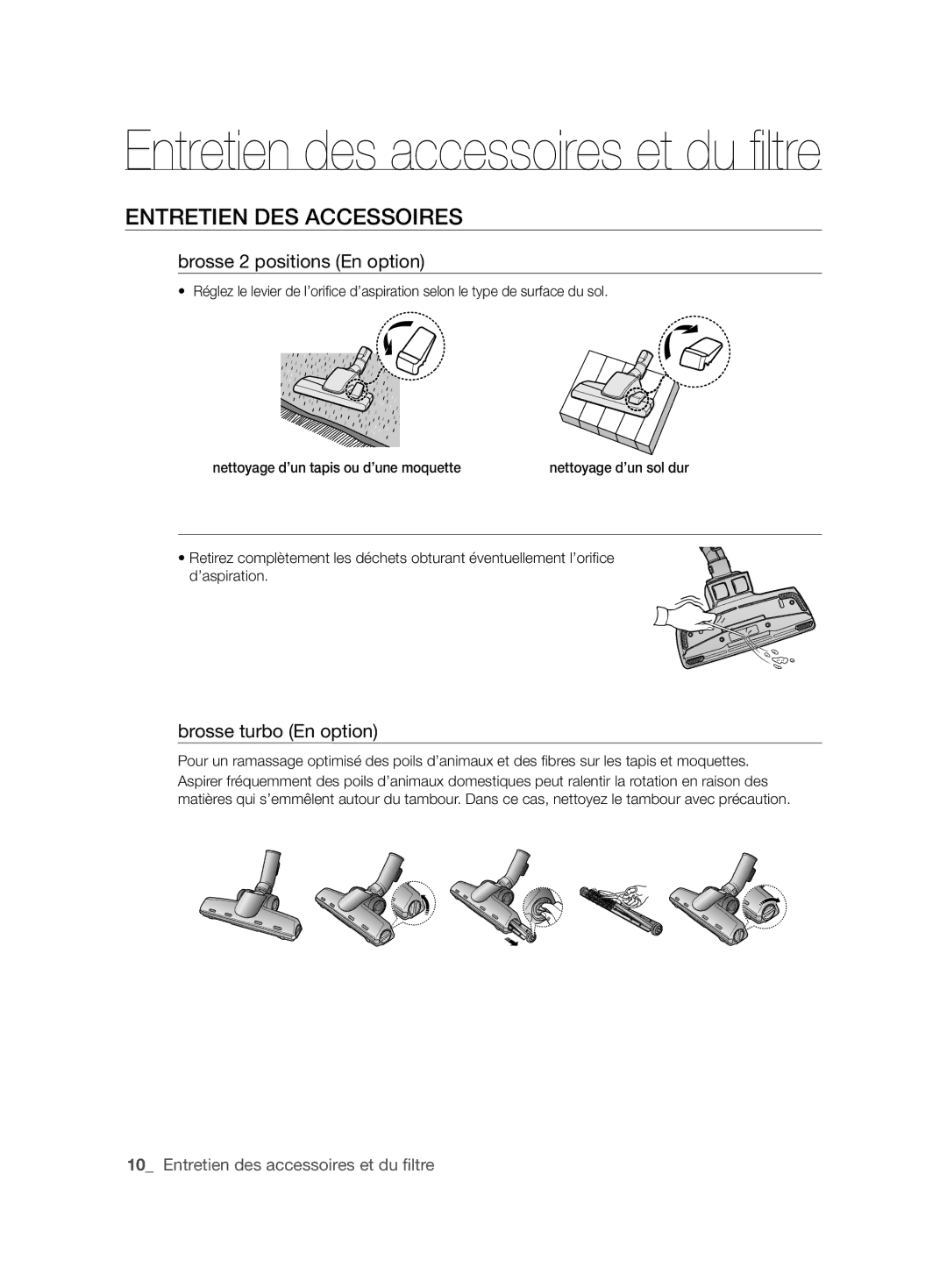 Samsung VCC61J0V33/XEP, VCC61J0V33/XEF Entretien DES Accessoires, Brosse 2 positions En option, Brosse turbo En option 