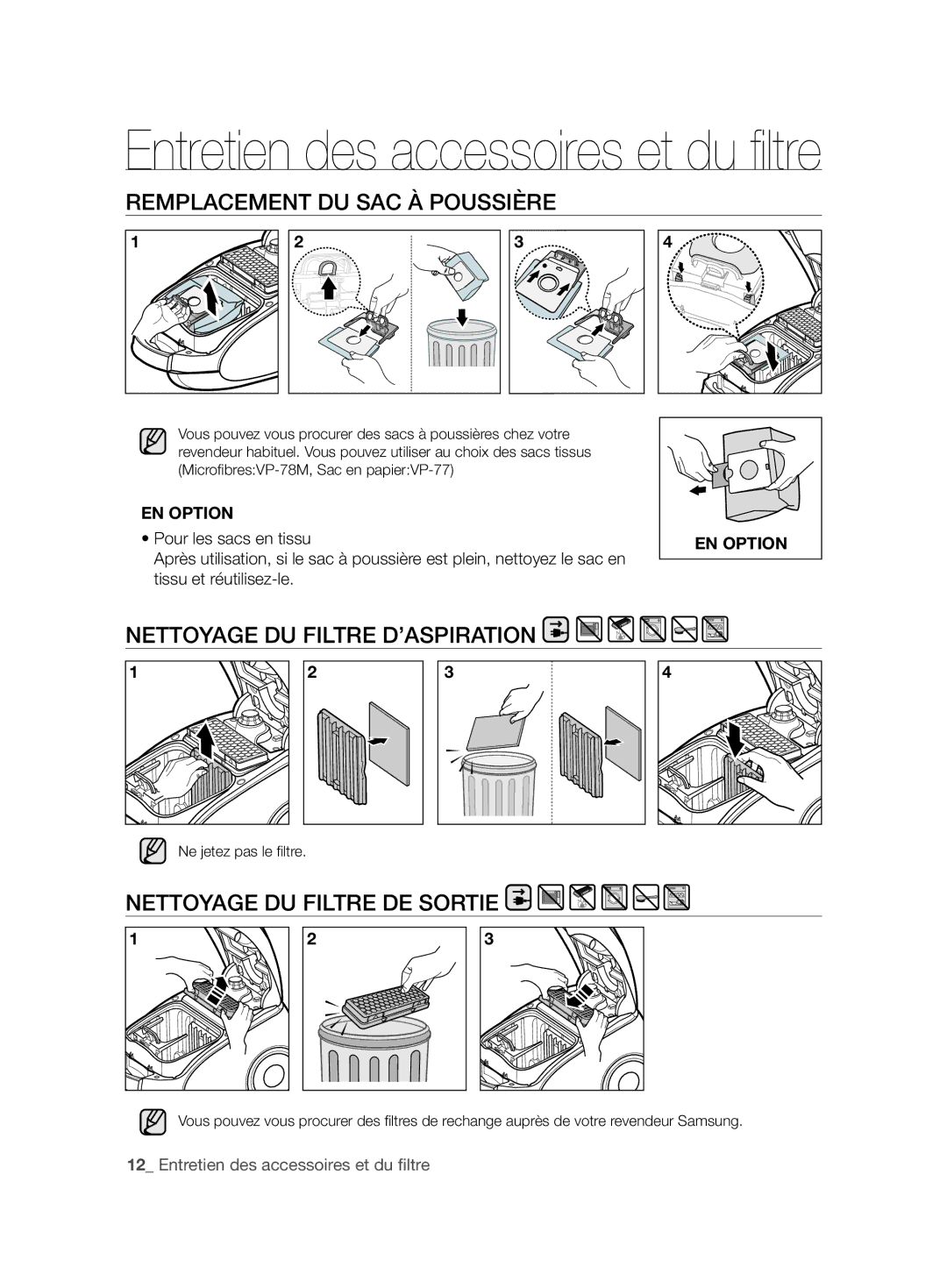 Samsung VCC61J0V33/XEP Remplacement DU SAC À Poussière, Nettoyage DU Filtre D’ASPIRATION, Nettoyage DU Filtre DE Sortie 