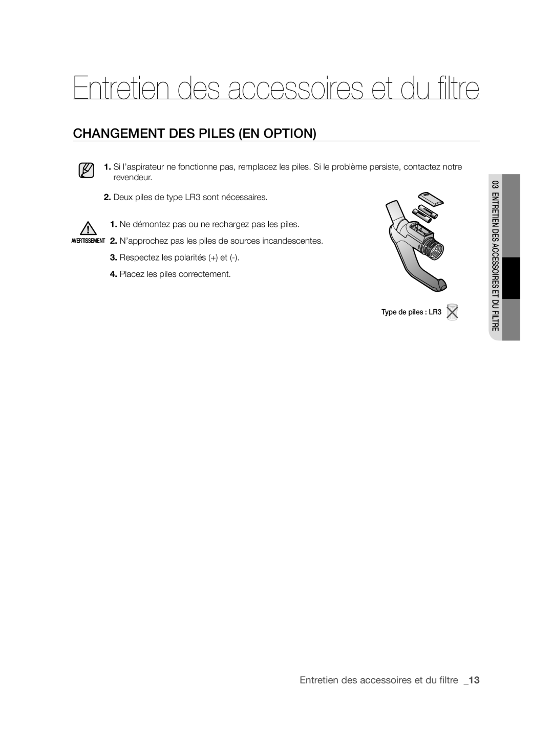 Samsung VCC61J0V33/XEF, VCC61J0V33/XEP manual Changement DES Piles EN Option 