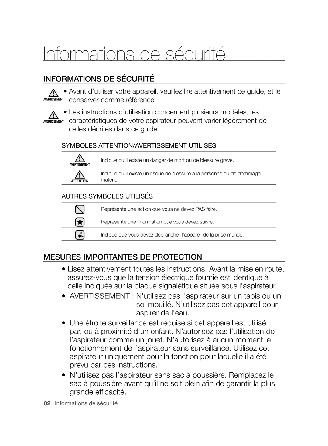 Samsung VCC61J0V33/XEP manual Informations de sécurité, Informations DE Sécurité, Mesures Importantes DE Protection 