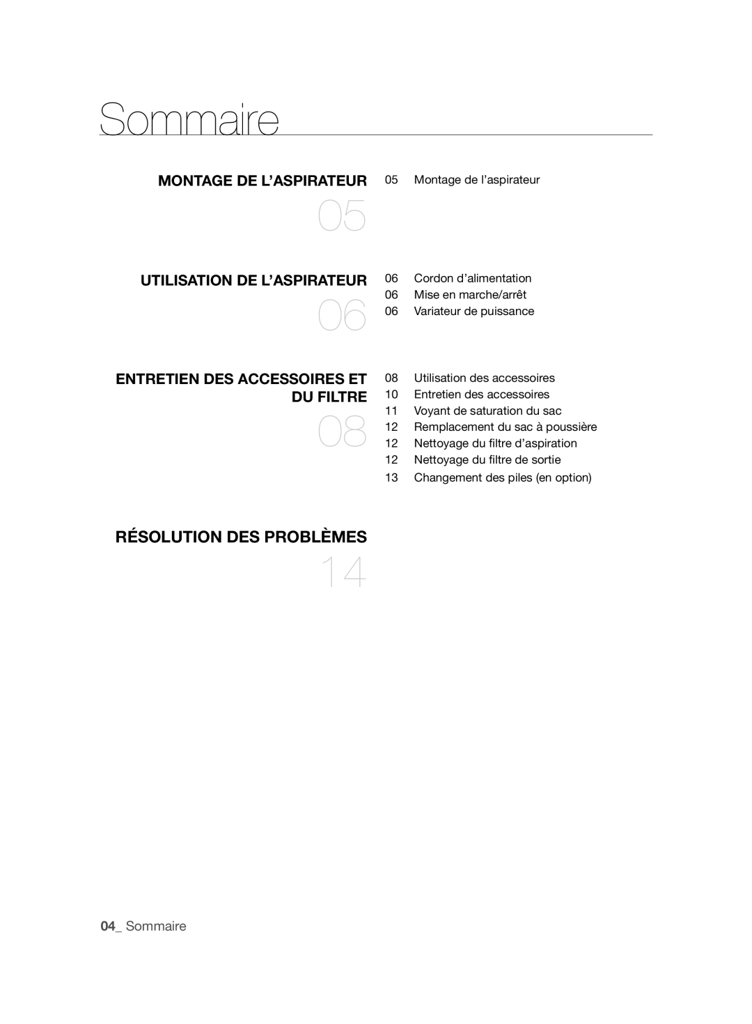 Samsung VCC61J0V33/XEP, VCC61J0V33/XEF manual Sommaire, DU Filtre 