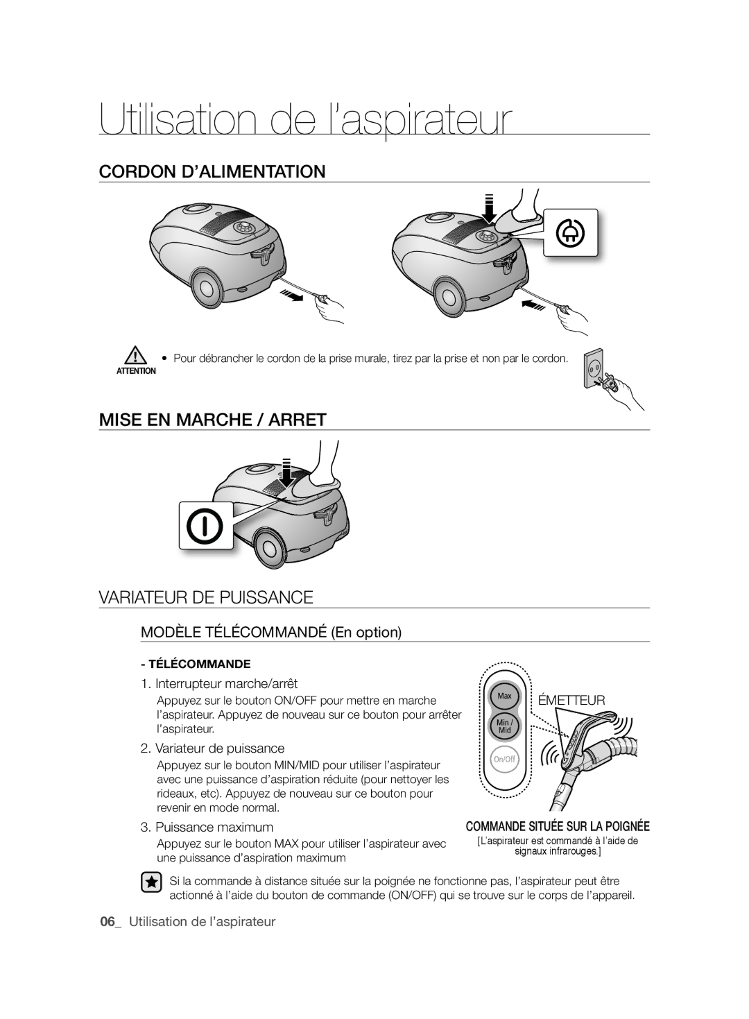 Samsung VCC61J0V33/XEP Utilisation de l’aspirateur, Cordon D’ALIMENTATION, Mise EN Marche / Arret Variateur DE Puissance 