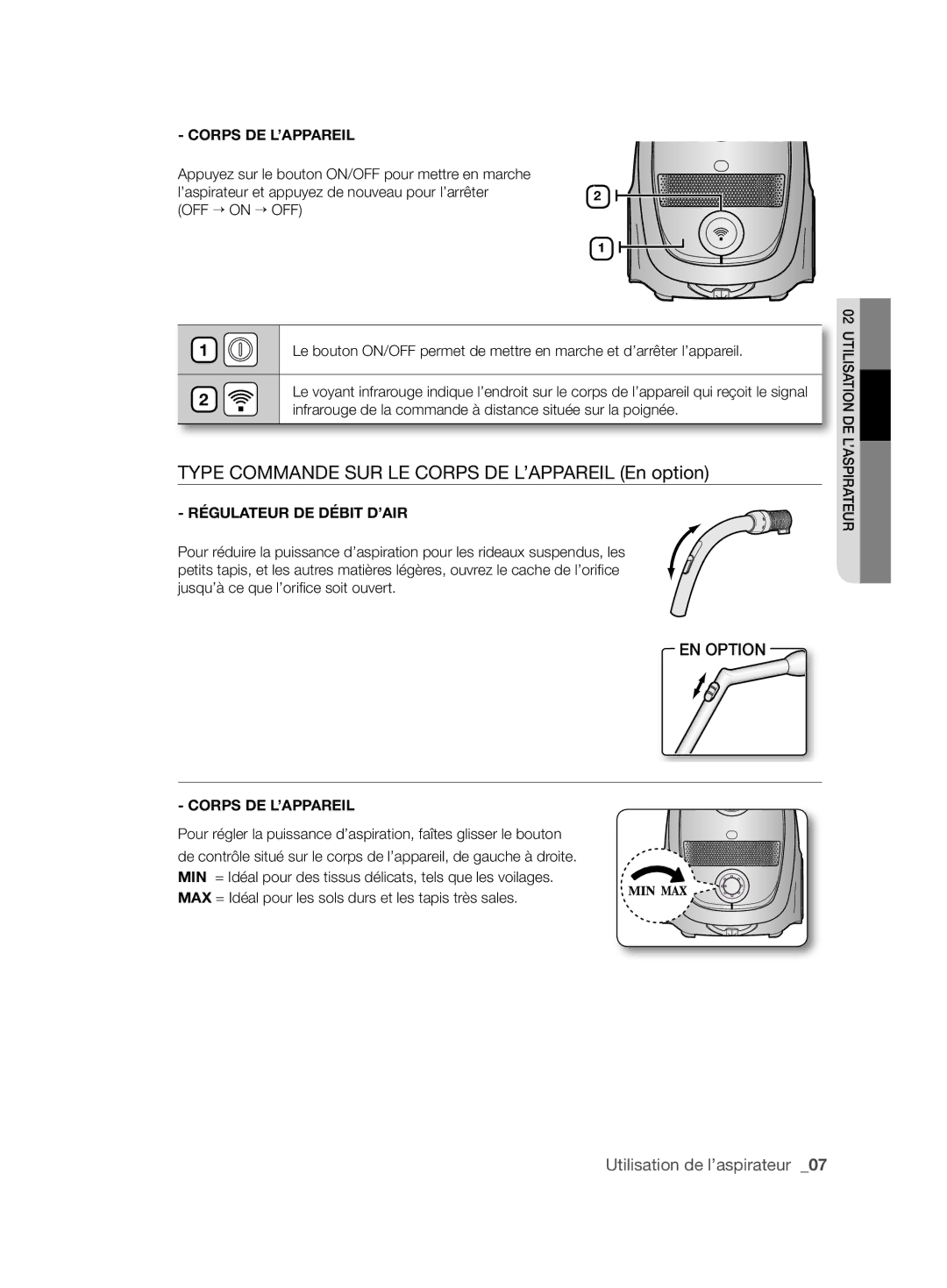 Samsung VCC61J0V33/XEF, VCC61J0V33/XEP manual Type Commande SUR LE Corps DE L’APPAREIL En option 