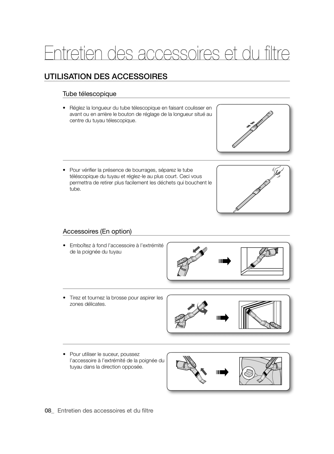 Samsung VCC61J0V33/XEP, VCC61J0V33/XEF manual Utilisation DES Accessoires, Tube télescopique, Accessoires En option 