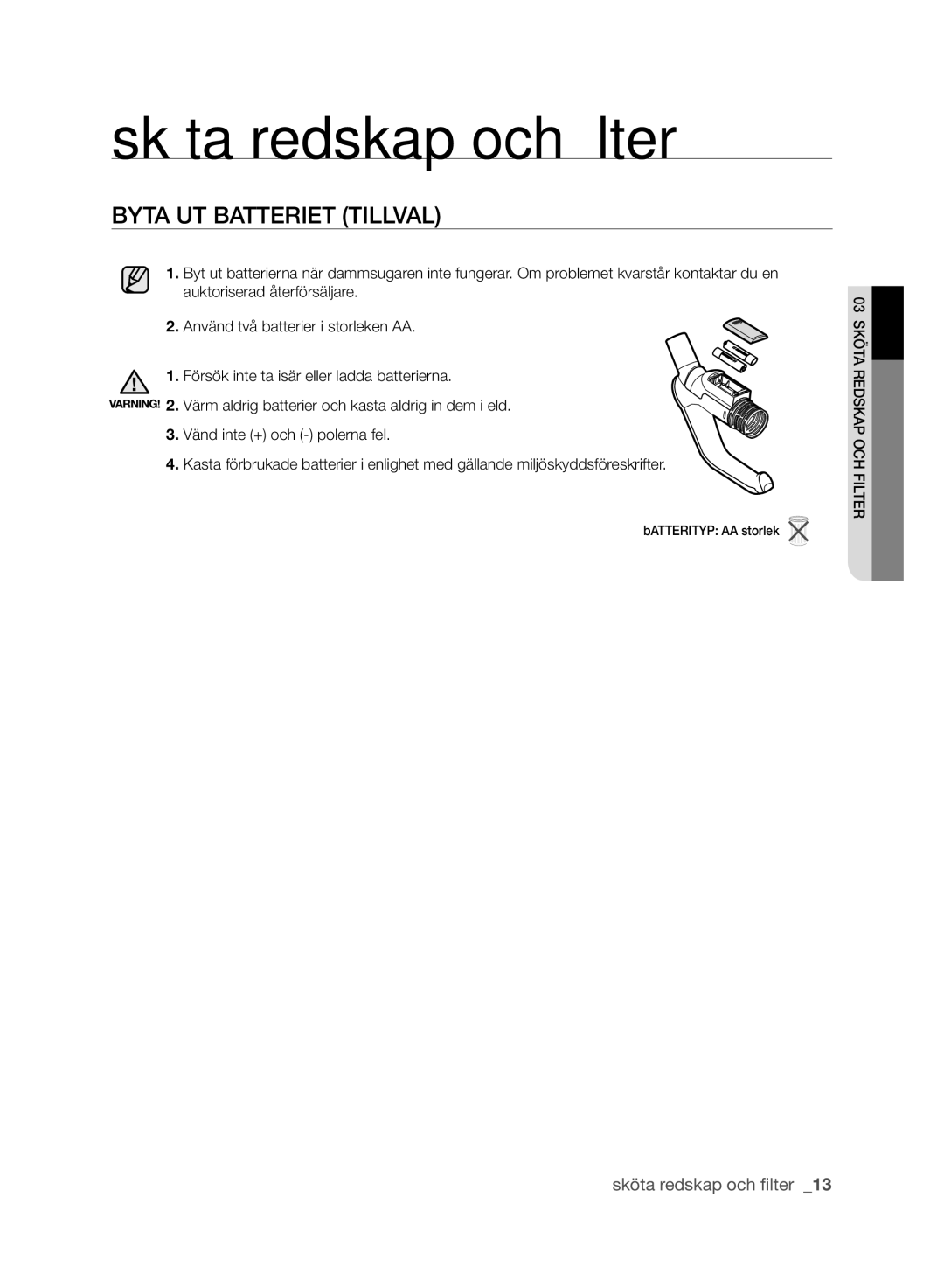 Samsung VCC61J0V32/XEE, VCC61J0V34/XEE manual BYTA UT bATTERIET TIllVAl 