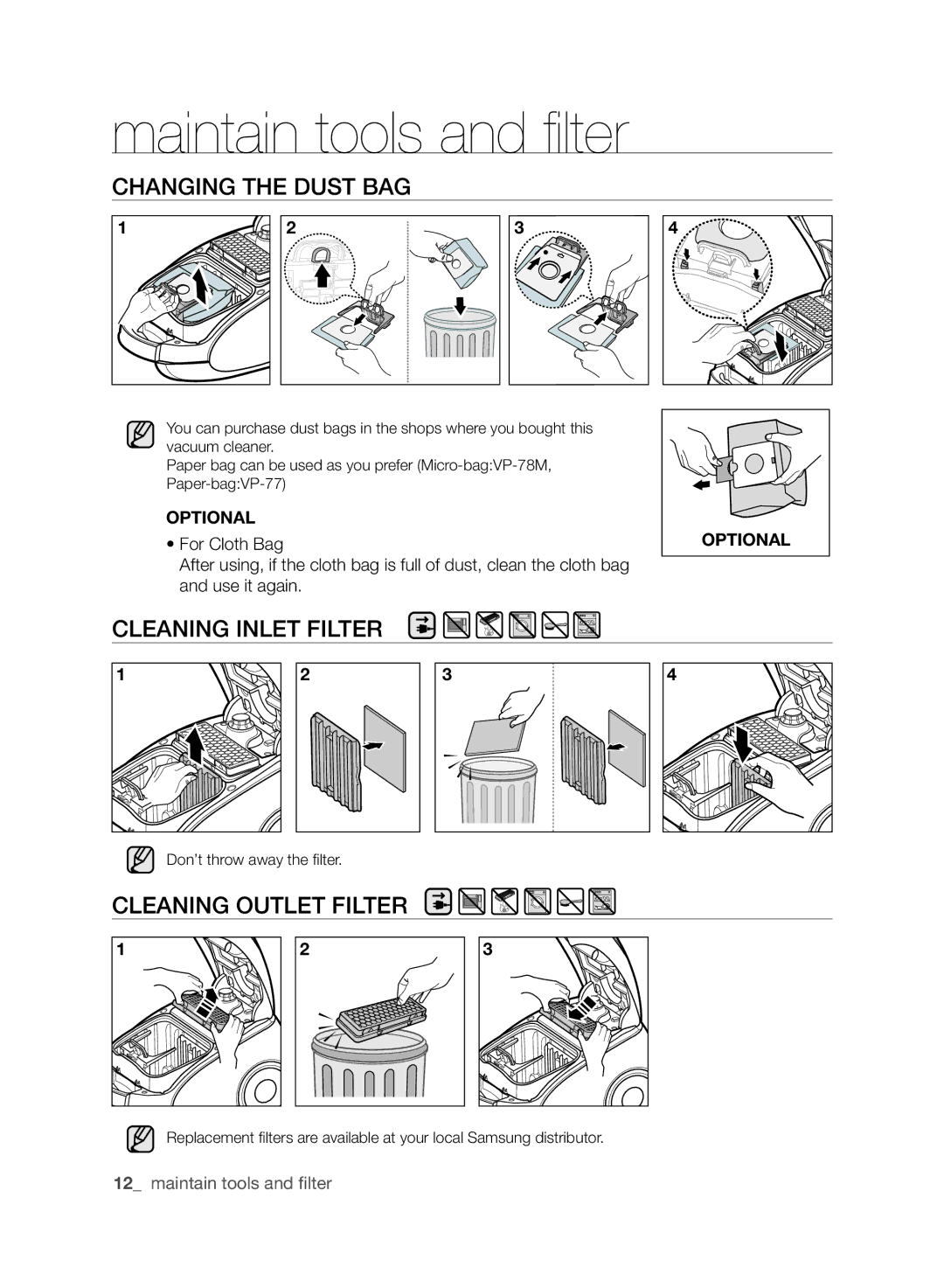 Samsung VCC61J0V34/XEE, VCC61J0V32/XEE manual Changing the dust bag, Cleaning inlet filter, Cleaning outlet filter 