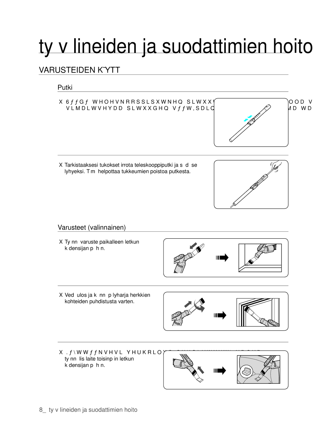 Samsung VCC61J0V34/XEE, VCC61J0V32/XEE manual Varusteiden käYTTÖ, Putki, Varusteet valinnainen 