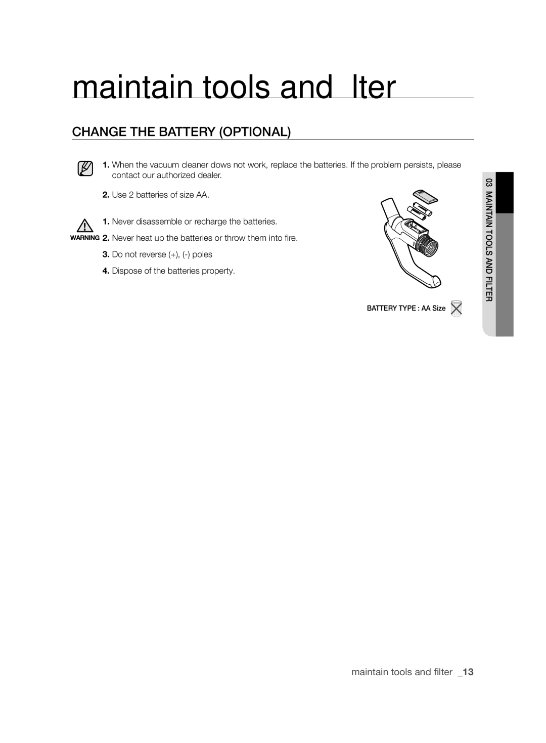 Samsung VCC61U4V3R/XSB, VCC61U2V3B/XSB manual Change the Battery Optional 