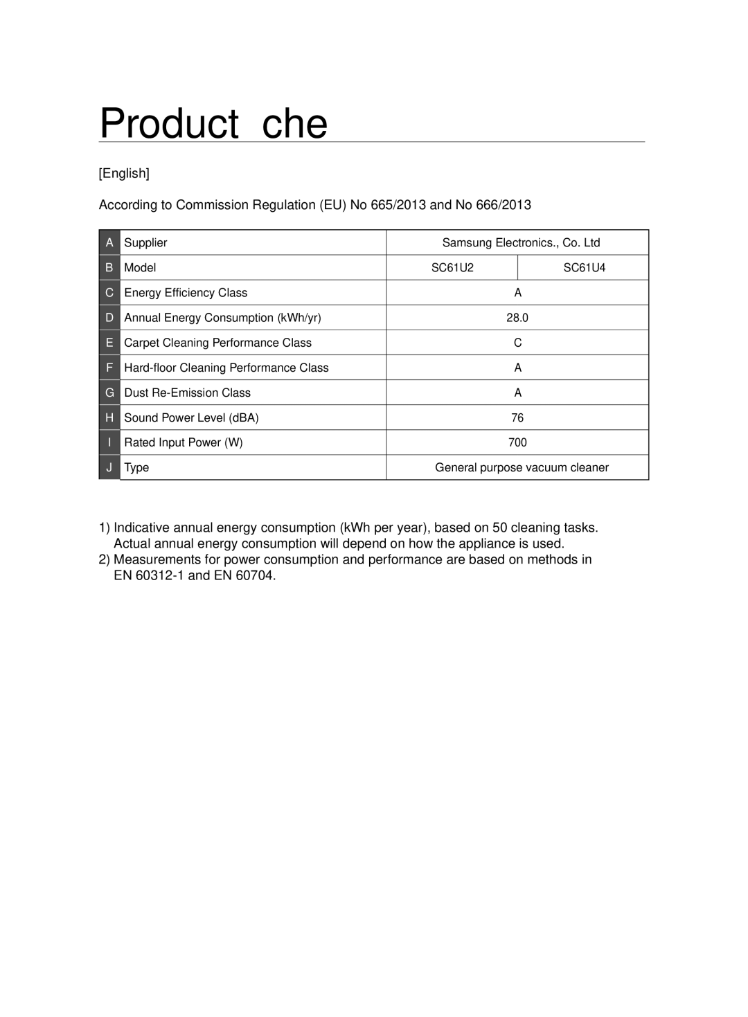 Samsung VCC61U4V3R/XSB, VCC61U2V3B/XSB manual Product ﬁ che 