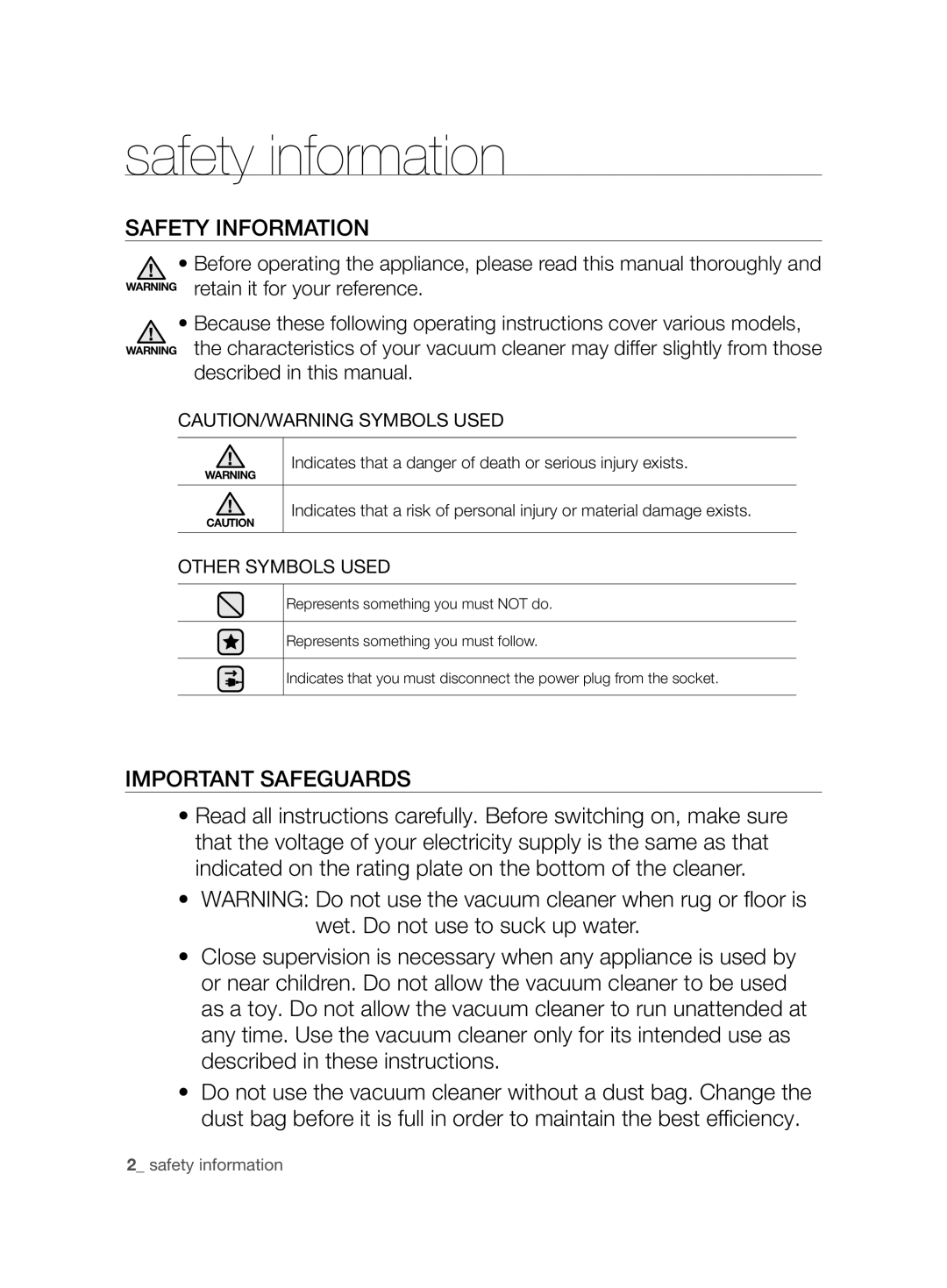 Samsung VCC61U2V3B/XSB, VCC61U4V3R/XSB manual Safety information 