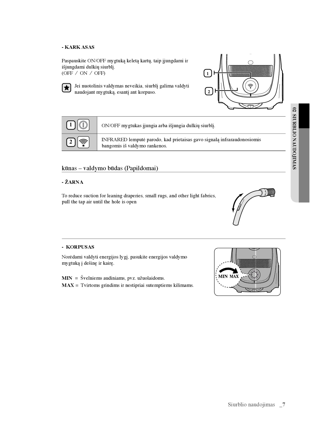 Samsung VCC61U4V3R/XSB, VCC61U2V3B/XSB manual Kūnas valdymo būdas Papildomai, Kark Asas 