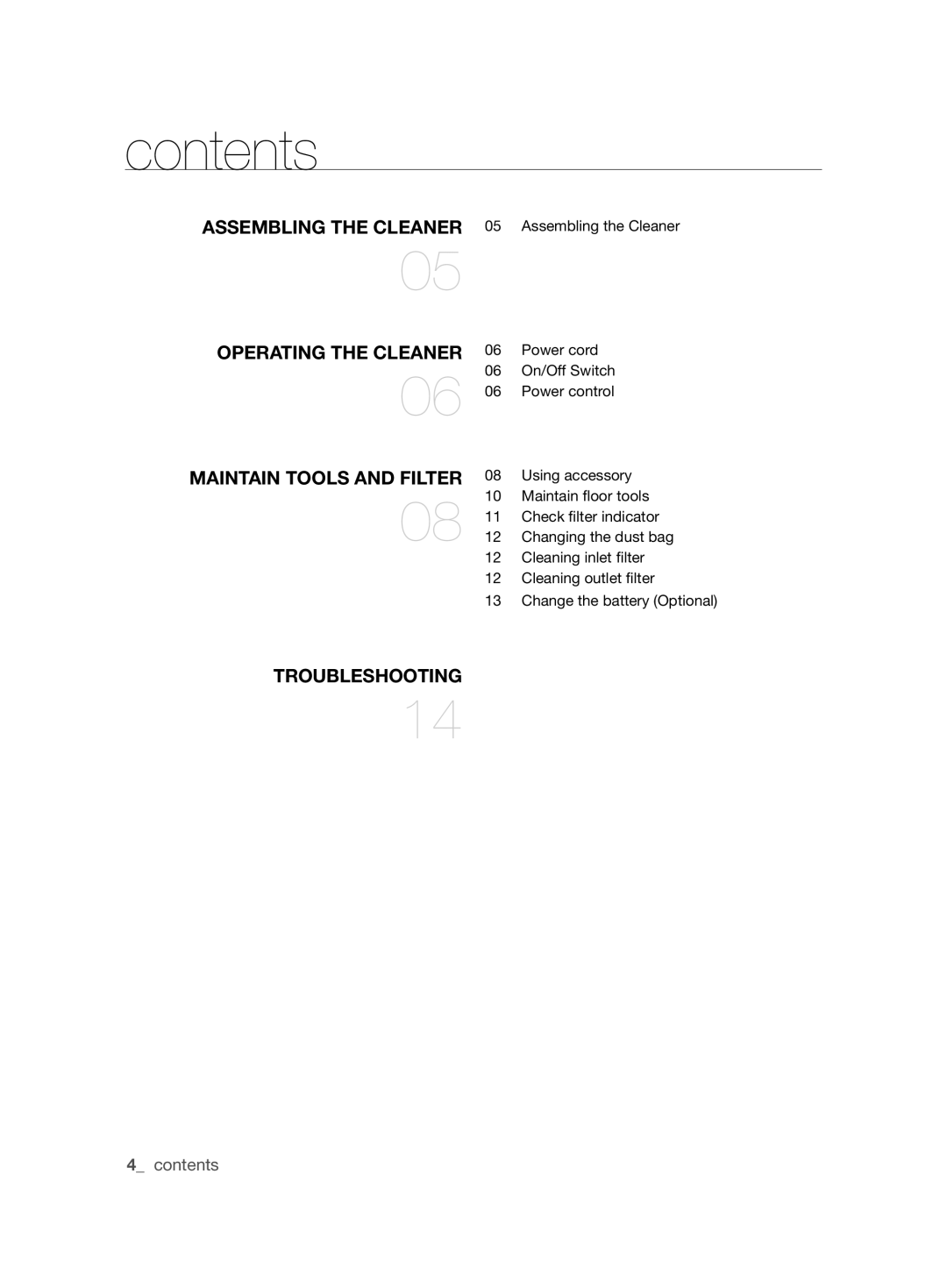 Samsung VCC61U2V3B/XSB, VCC61U4V3R/XSB manual Contents 