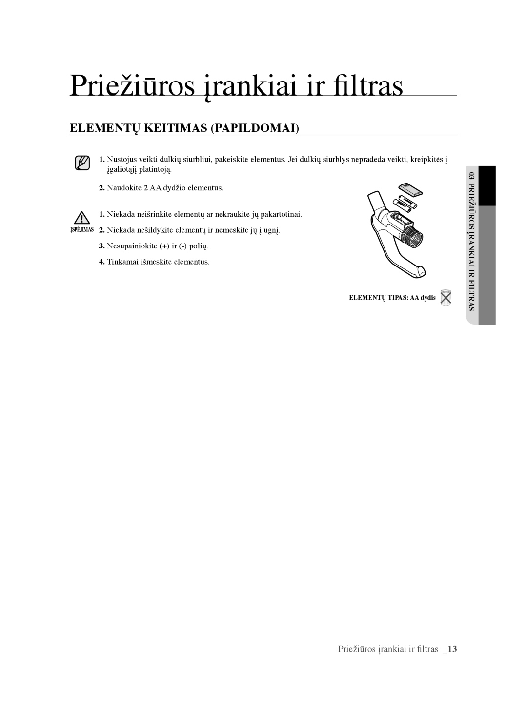 Samsung VCC61U4V3R/XSB, VCC61U2V3B/XSB manual Elementų Keitimas Papildomai 