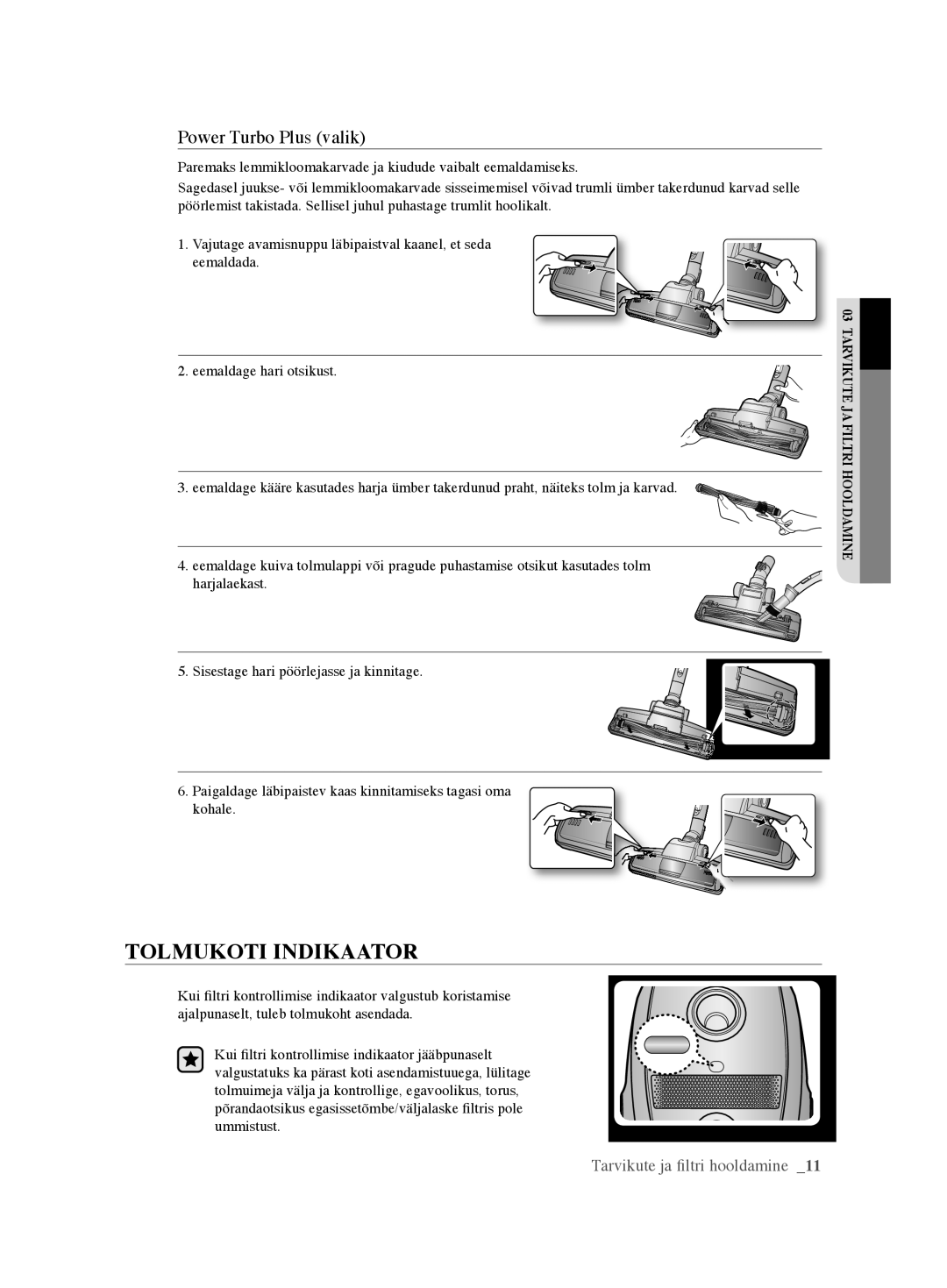 Samsung VCC61U4V3R/XSB, VCC61U2V3B/XSB manual Tolmukoti Indikaator, Power Turbo Plus valik 