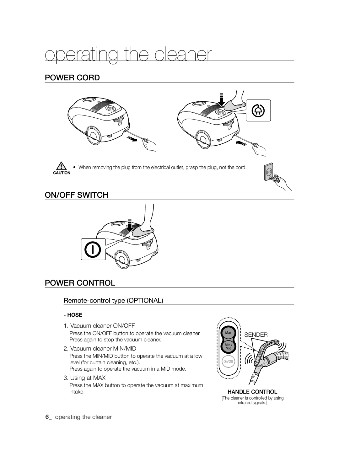 Samsung VCC61U2V3B/XSB, VCC61U4V3R/XSB manual Operating the cleaner 