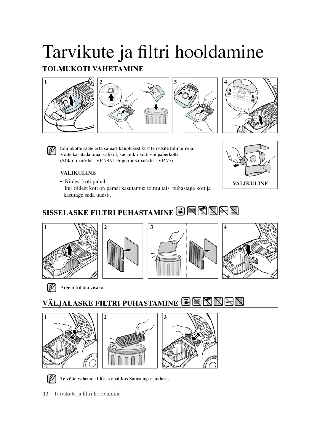 Samsung VCC61U2V3B/XSB, VCC61U4V3R/XSB manual Tolmukoti Vahetamine, Väljalaske Filtri Puhastamine, Valikuline 