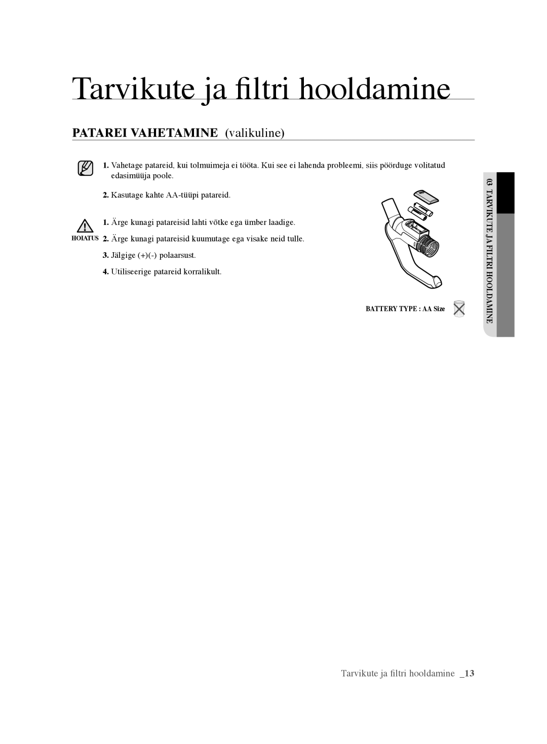 Samsung VCC61U4V3R/XSB, VCC61U2V3B/XSB manual Patarei Vahetamine valikuline 