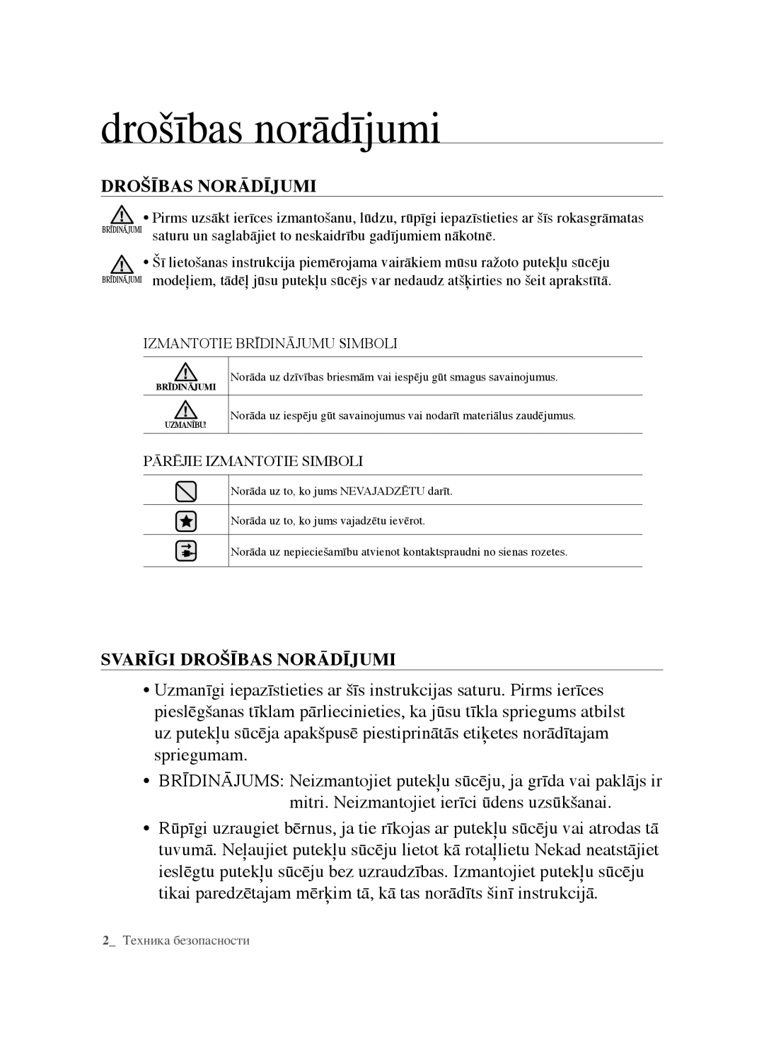 Samsung VCC61U2V3B/XSB, VCC61U4V3R/XSB manual Drošības norādījumi, Svarīgi Drošības Norādījumi 