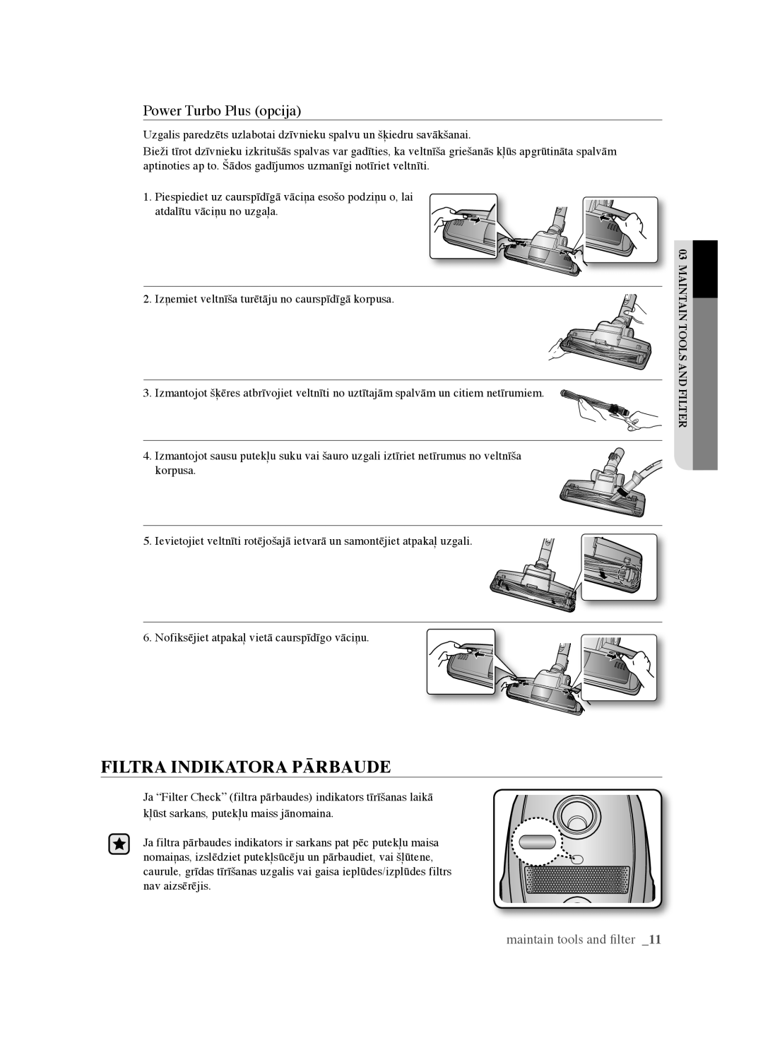 Samsung VCC61U4V3R/XSB, VCC61U2V3B/XSB manual Filtra Indikatora Pārbaude, Power Turbo Plus opcija 