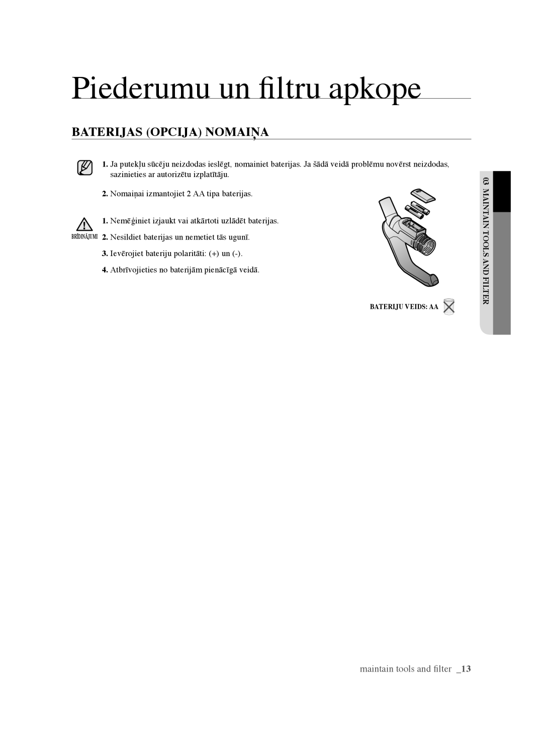 Samsung VCC61U4V3R/XSB, VCC61U2V3B/XSB manual Baterijas Opcija Nomaiņa 