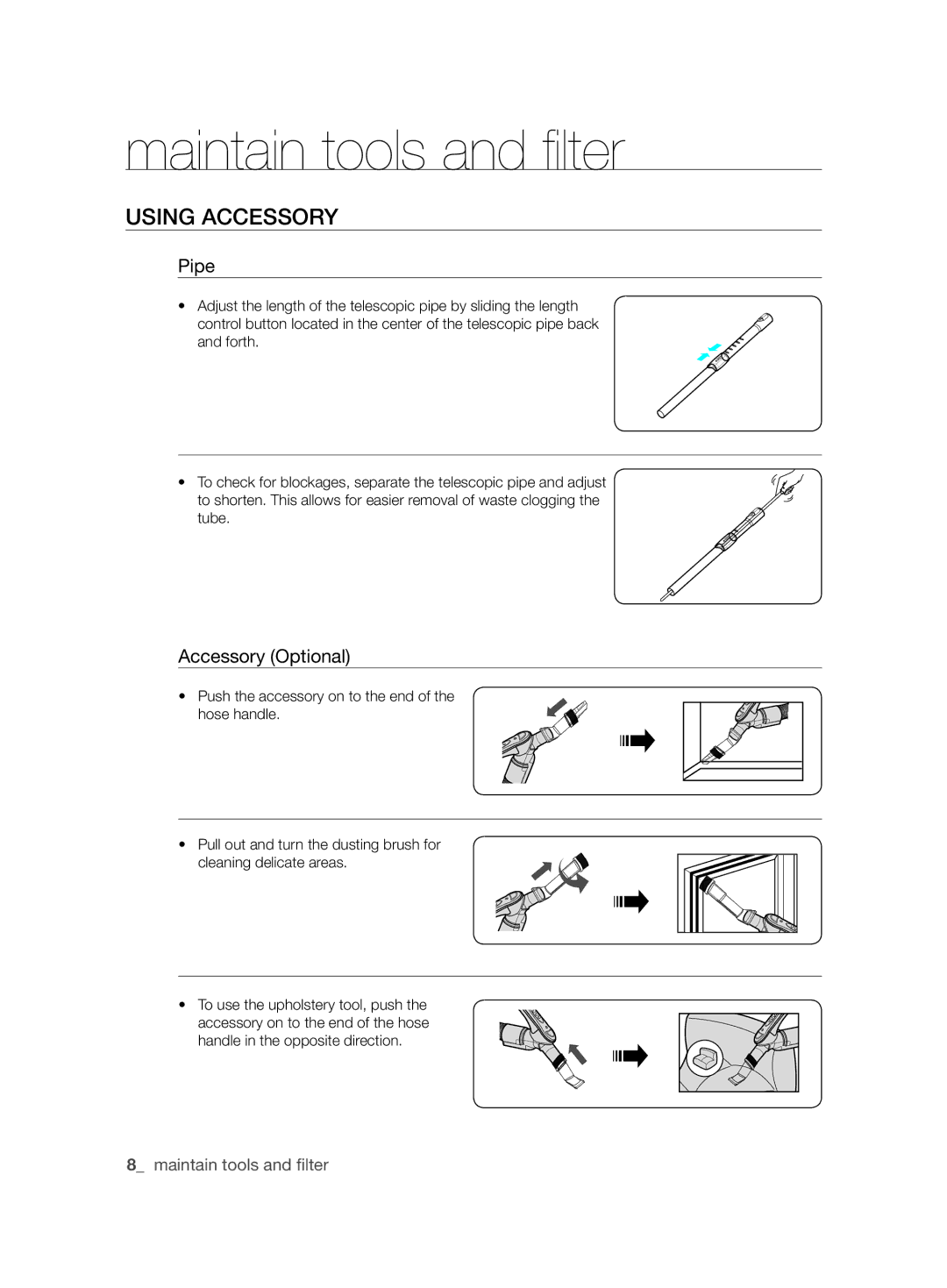 Samsung VCC61U2V3B/XSB, VCC61U4V3R/XSB manual Maintain tools and ﬁ lter 