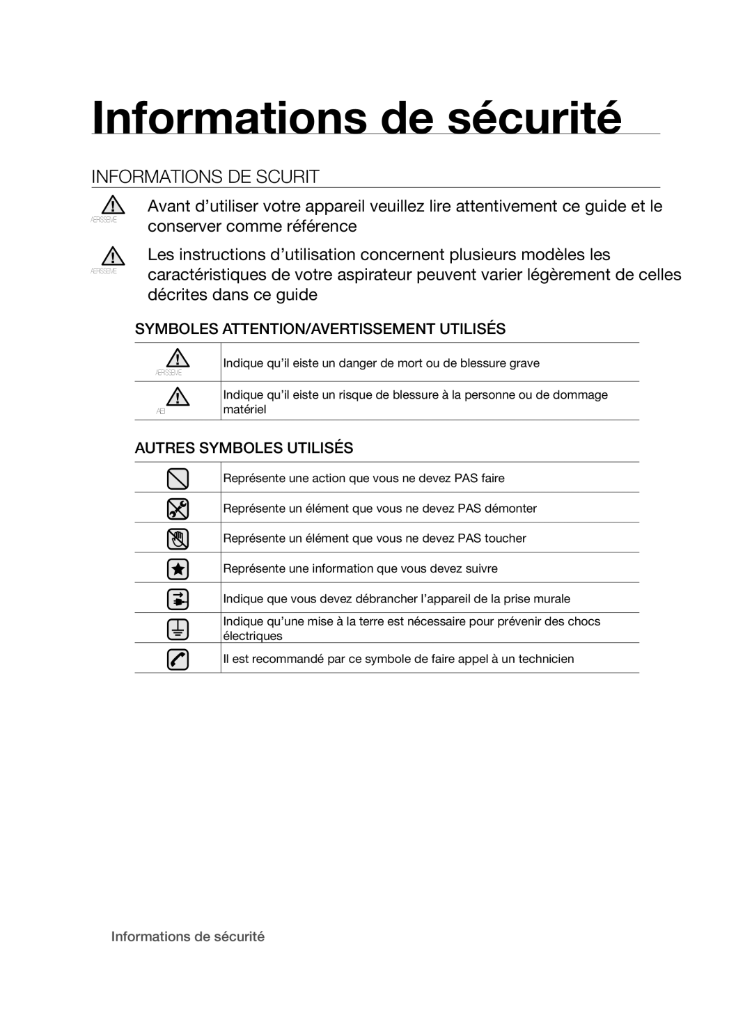 Samsung VCC6210V3R/XEG manual Informations de sécurité, INFoRMATIoNS DE SéCURITé 