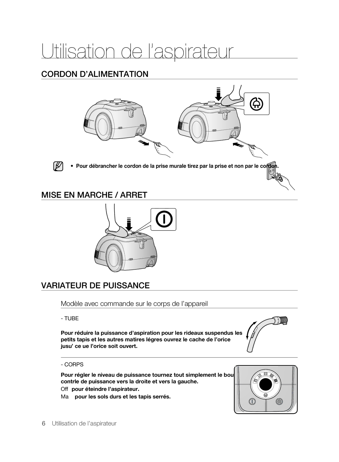 Samsung VCC6210V3R/XEG Utilisation de l’aspirateur, CoRDoN D’ALIMENTATIoN, Mise EN Marche / Arret, Variateur DE pUISSANCE 