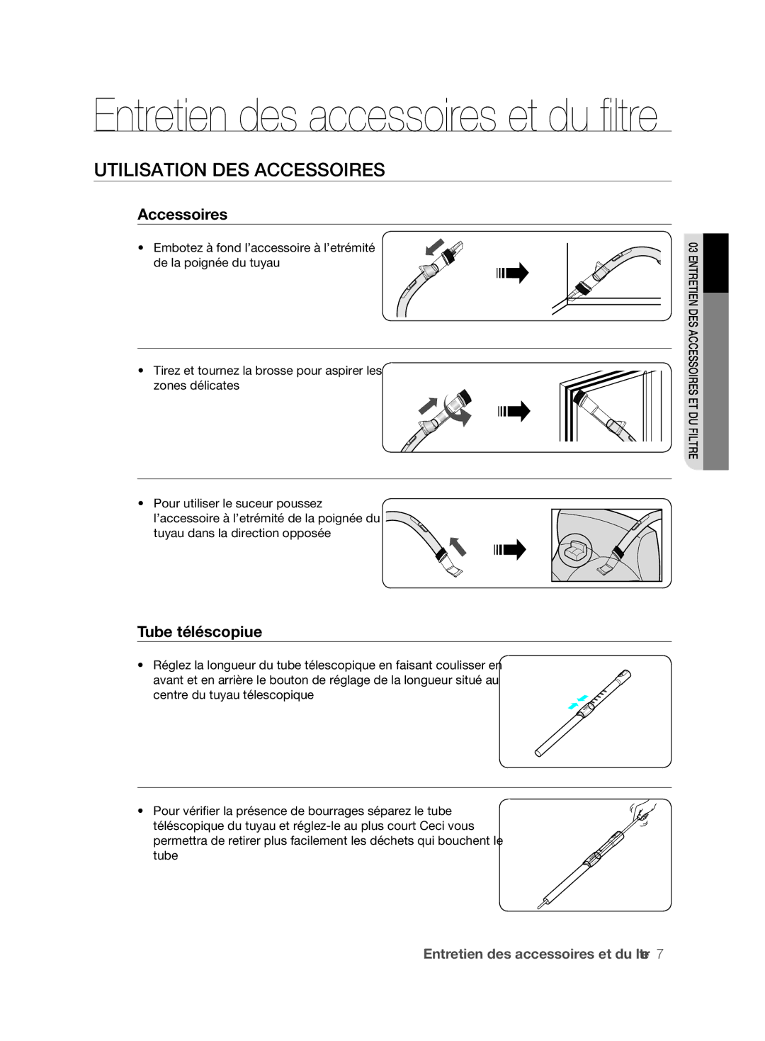 Samsung VCC6210V3R/XEG manual UTILISATIoN DES ACCESSoIRES, Accessoires, Tube téléscopique 