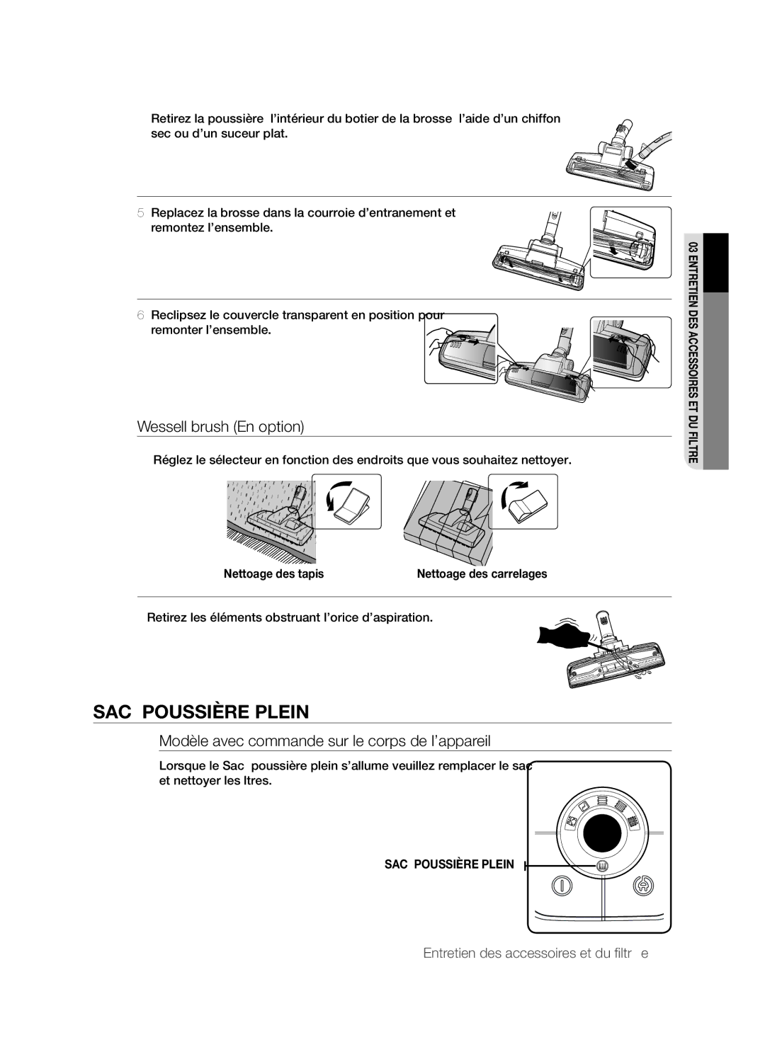 Samsung VCC6210V3R/XEG manual Sac à poussière plein, Wessell brush En option 