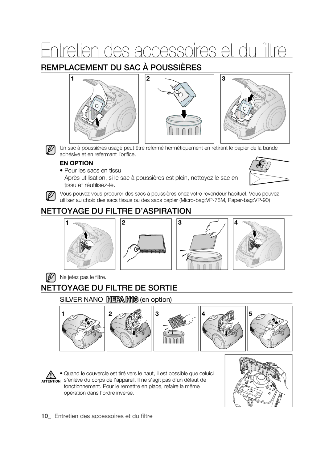 Samsung VCC6210V3R/XEG REMpLACEMENT DU SAC à poUSSIèRES, NETToyAGE DU Filtre D’ASpIRATIoN, NETToyAGE DU Filtre DE SoRTIE 