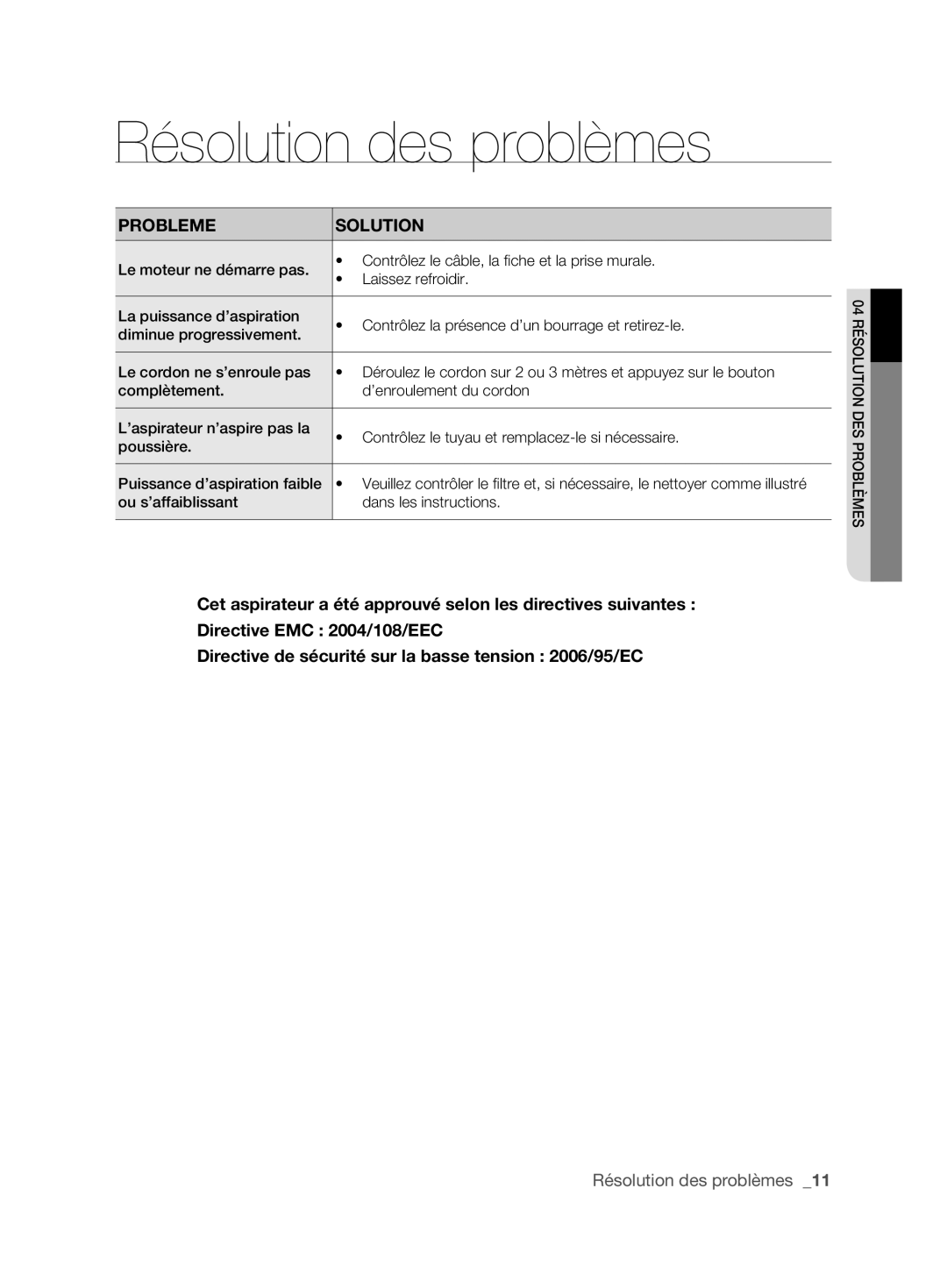 Samsung VCC6210V3R/XEG manual Résolution des problèmes, Probleme Solution 